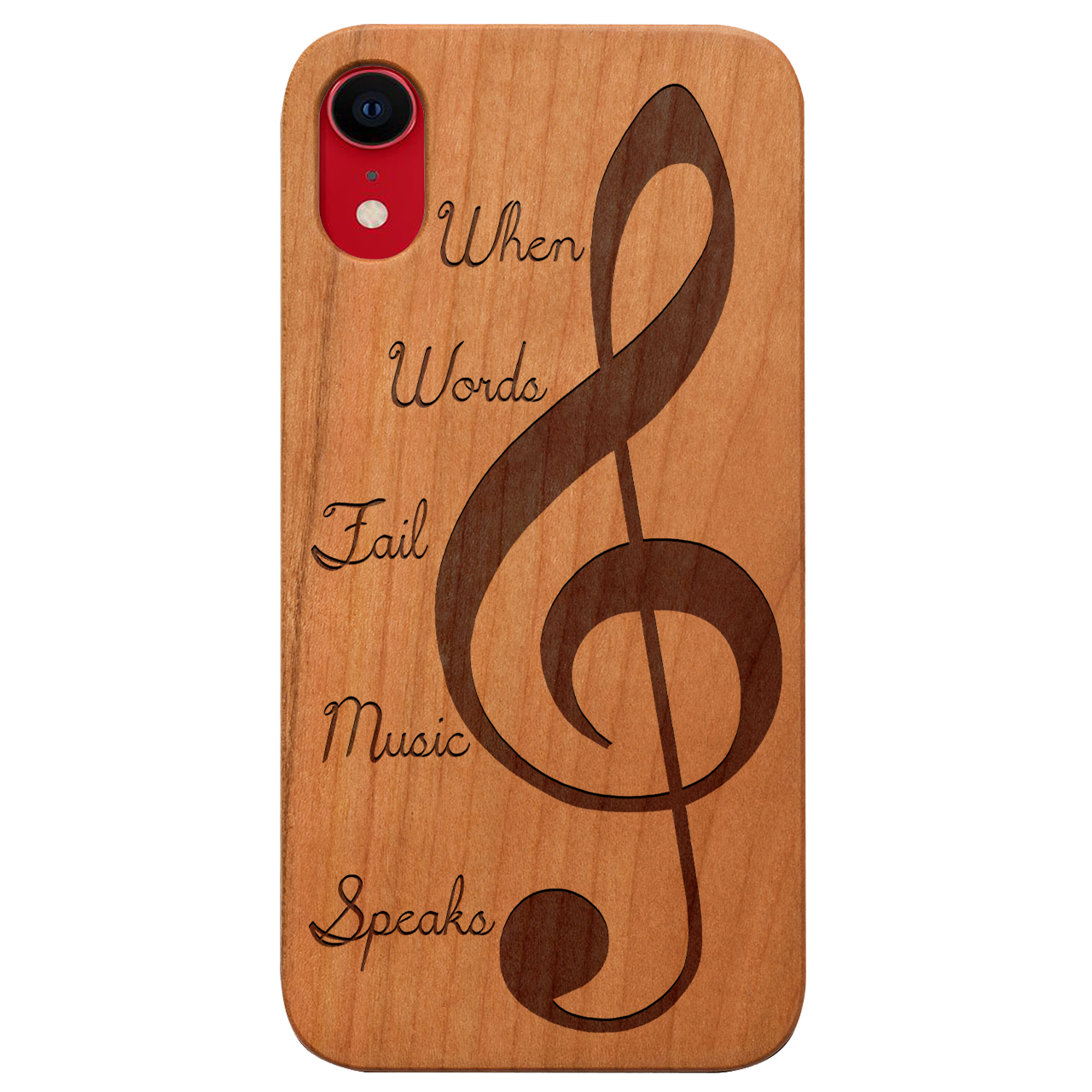 Clef 2 - Engraved wooden phone case showcasing unique laser-engraved design and natural wood finish.