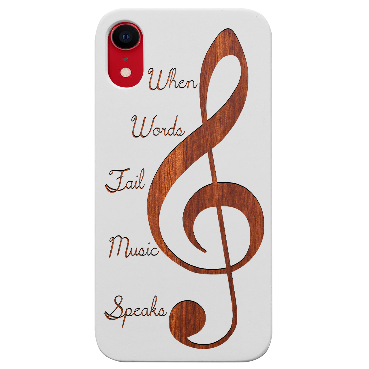 Clef 2 - Engraved wooden phone case showcasing unique laser-engraved design and natural wood finish.