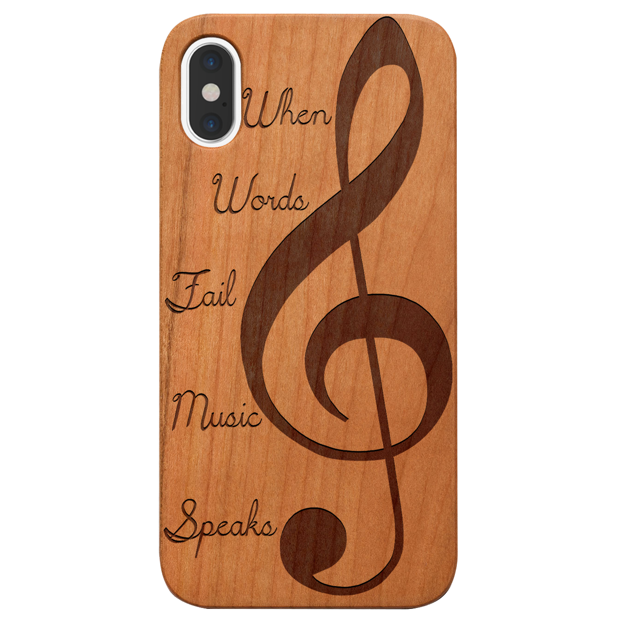 Clef 2 - Engraved wooden phone case showcasing unique laser-engraved design and natural wood finish.