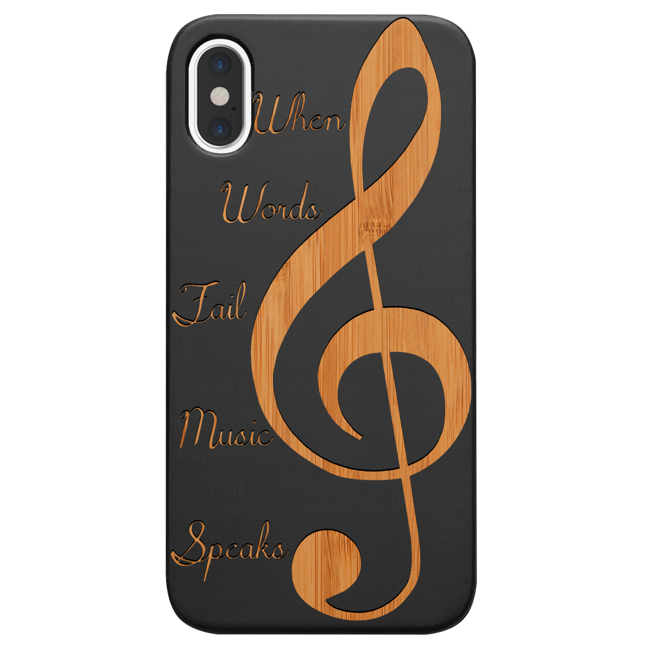 Clef 2 - Engraved wooden phone case showcasing unique laser-engraved design and natural wood finish.