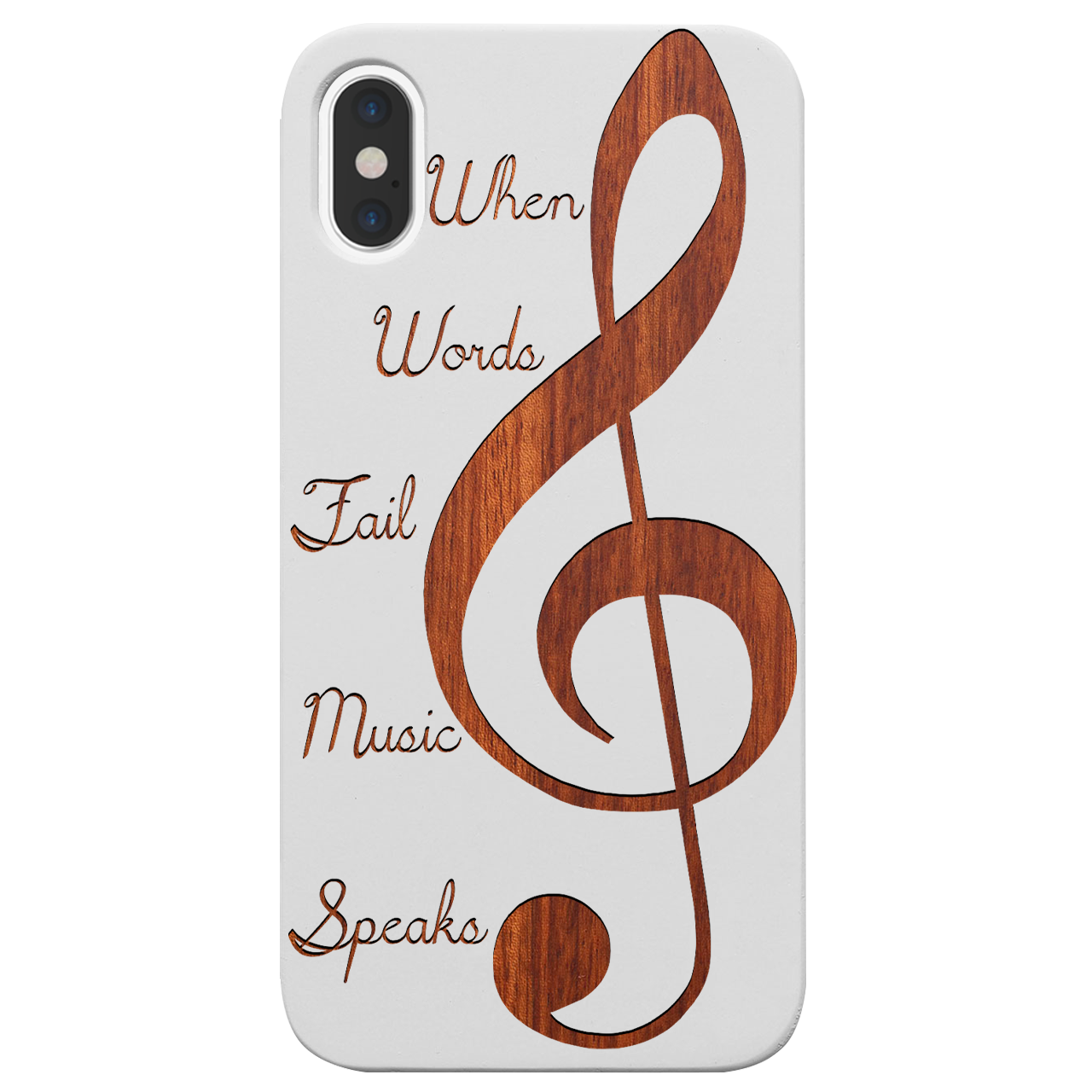 Clef 2 - Engraved wooden phone case showcasing unique laser-engraved design and natural wood finish.