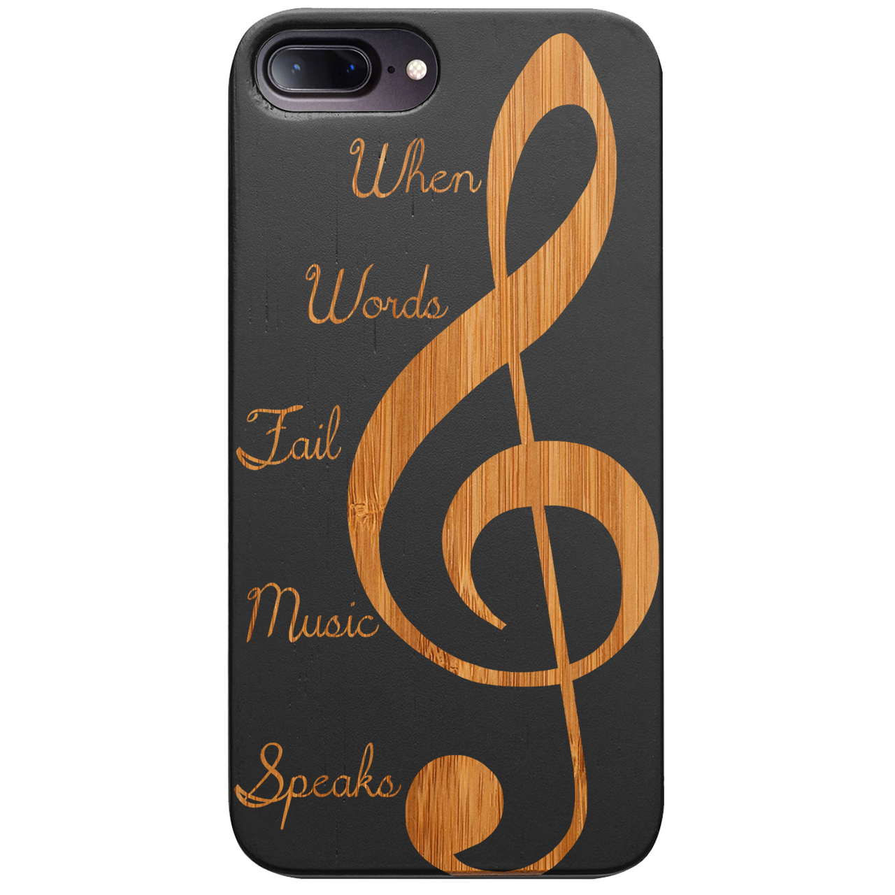 Clef 2 - Engraved wooden phone case showcasing unique laser-engraved design and natural wood finish.