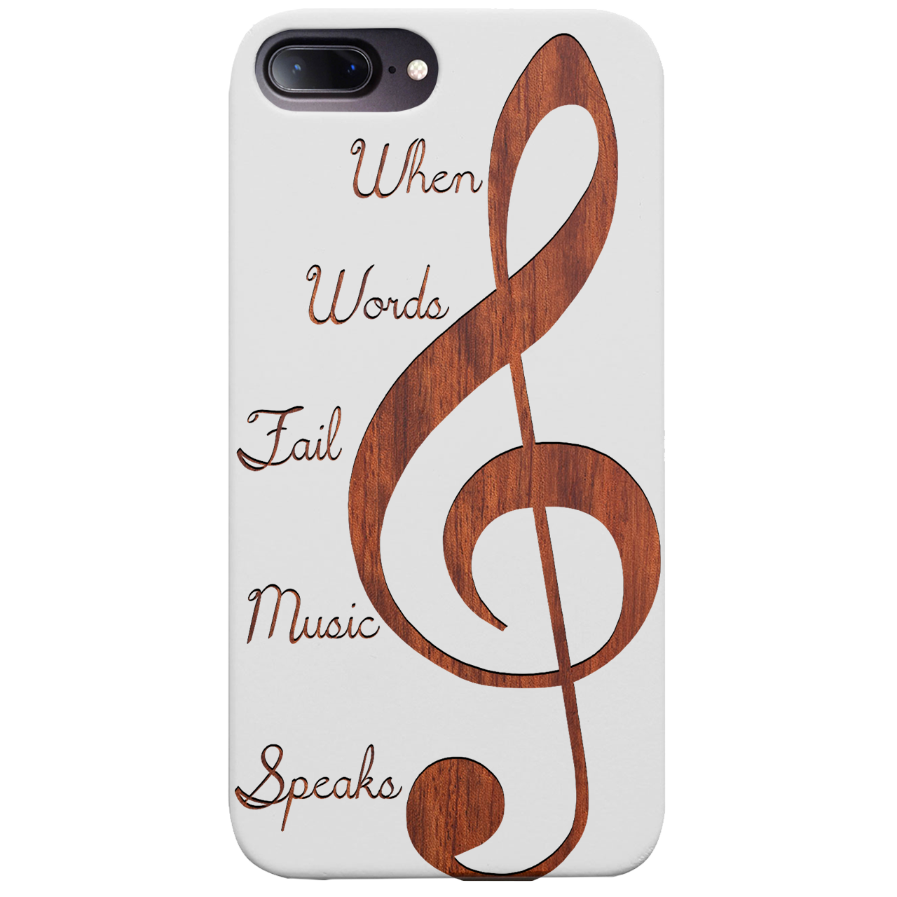 Clef 2 - Engraved wooden phone case showcasing unique laser-engraved design and natural wood finish.