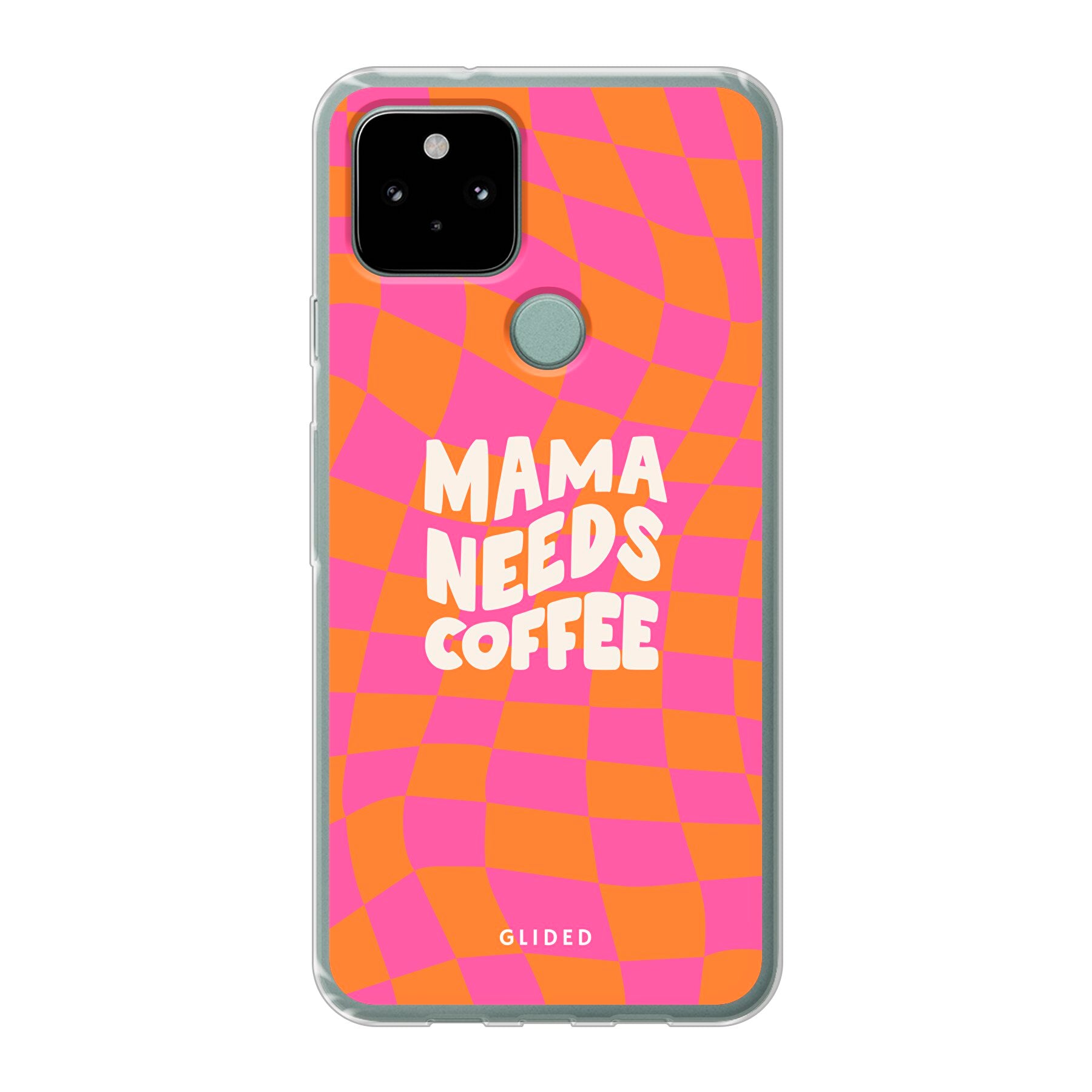 Coffee Mom Google Pixel 5 Handyhülle mit Schachbrettmuster und dem Spruch 'Mama needs coffee', idealer Schutz für Mütter.