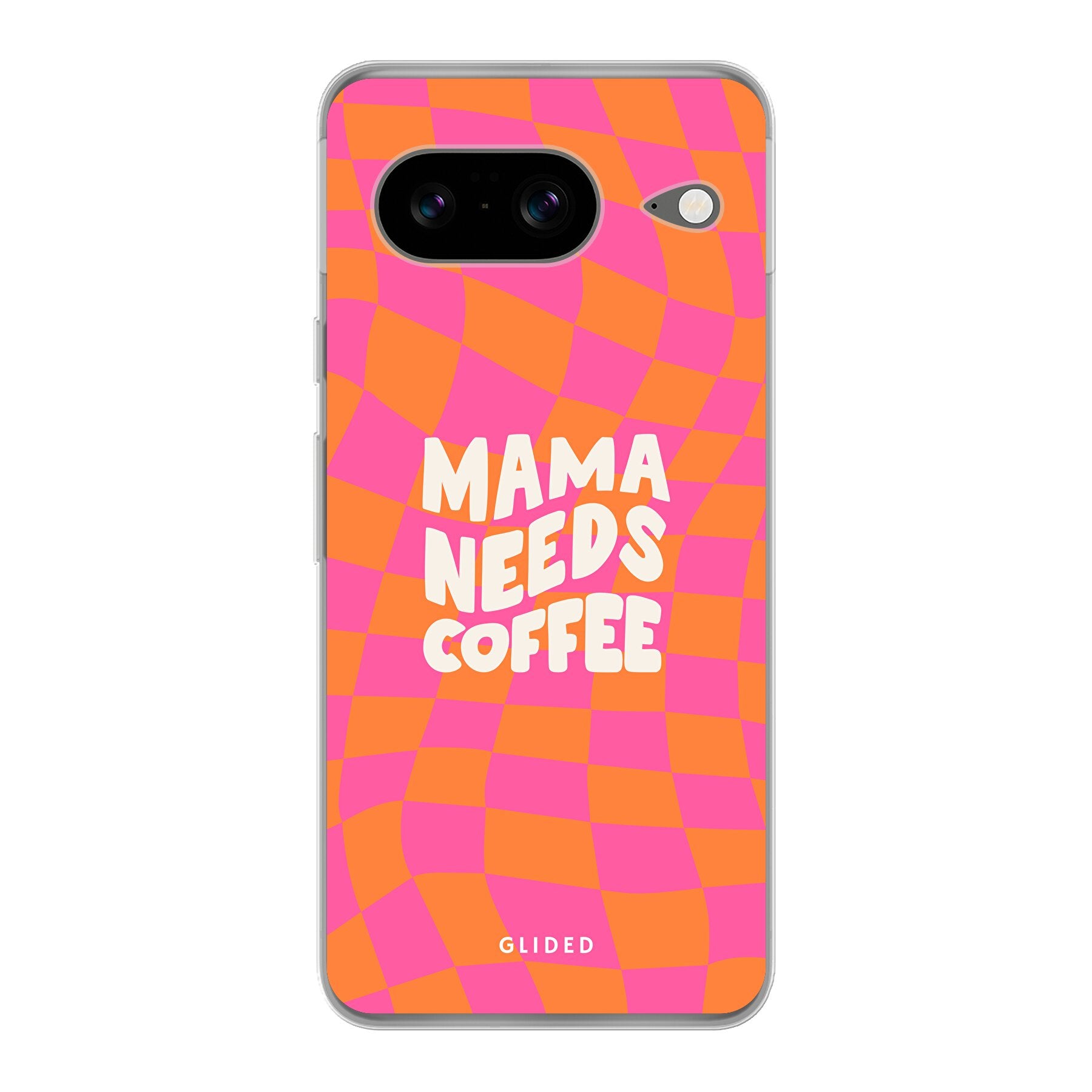 Coffee Mom Google Pixel 8 Handyhülle mit Schachbrettmuster und dem Spruch 'Mama needs coffee', idealer Schutz für dein Smartphone.
