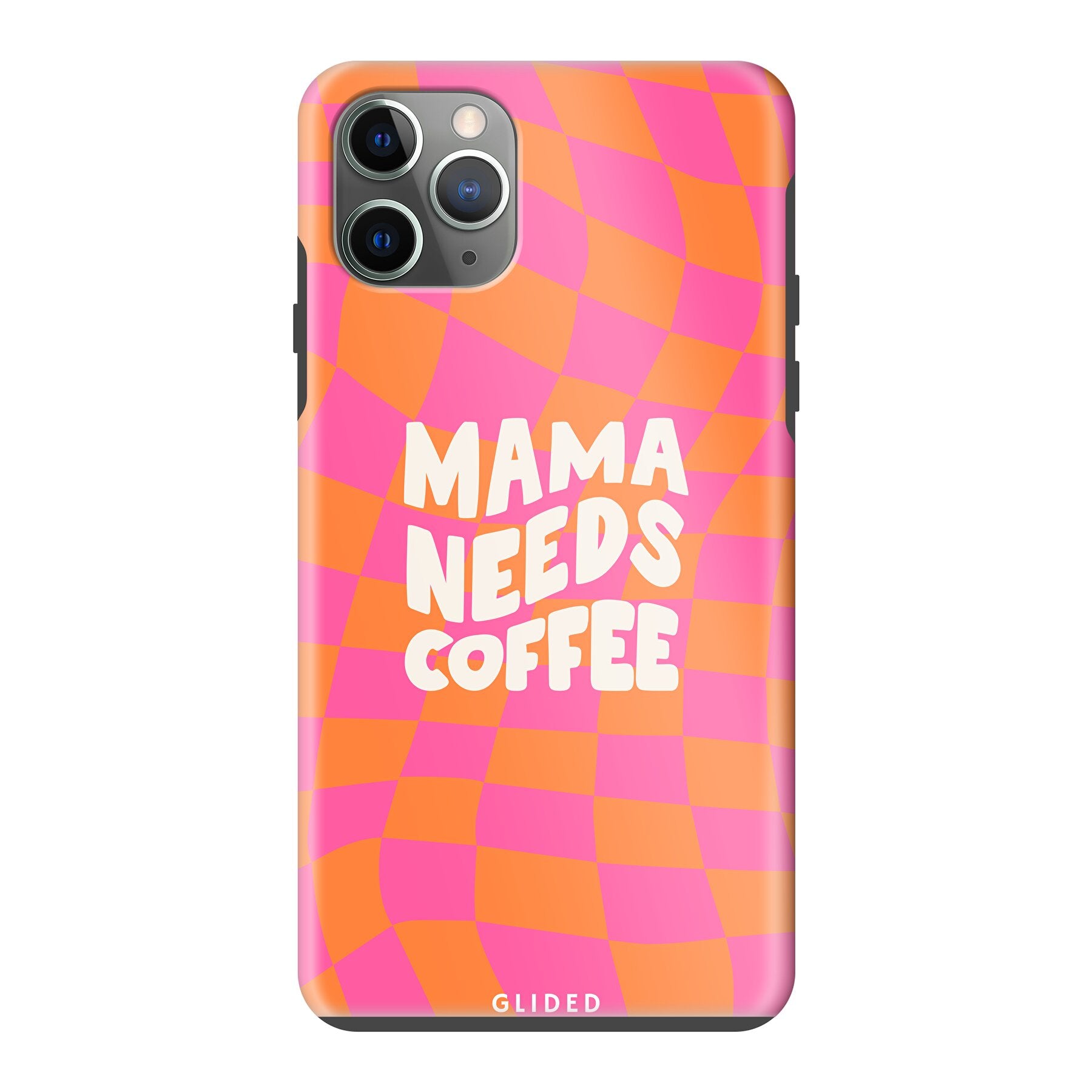 Coffee Mom iPhone 11 Pro Max Hülle mit Schachbrettmuster und dem Spruch 'Mama needs coffee', stilvoll und schützend.