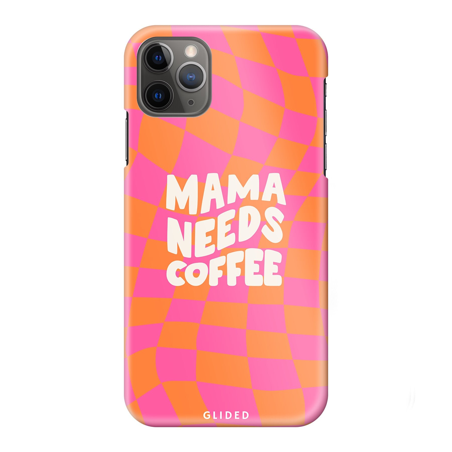 Coffee Mom iPhone 11 Pro Max Hülle mit Schachbrettmuster und dem Spruch 'Mama needs coffee', stilvoll und schützend.