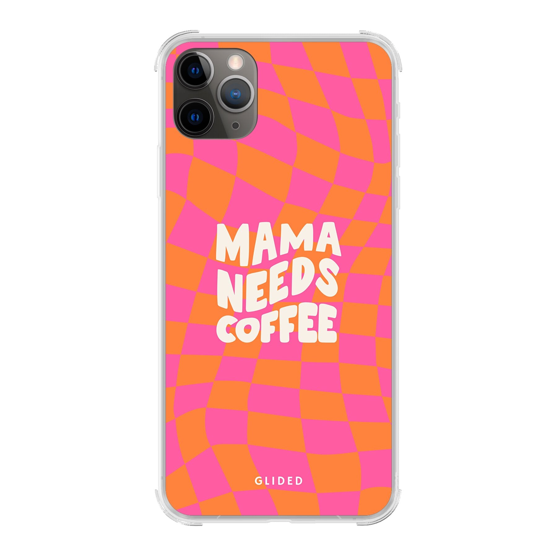 Coffee Mom iPhone 11 Pro Max Hülle mit Schachbrettmuster und dem Spruch 'Mama needs coffee', stilvoll und schützend.