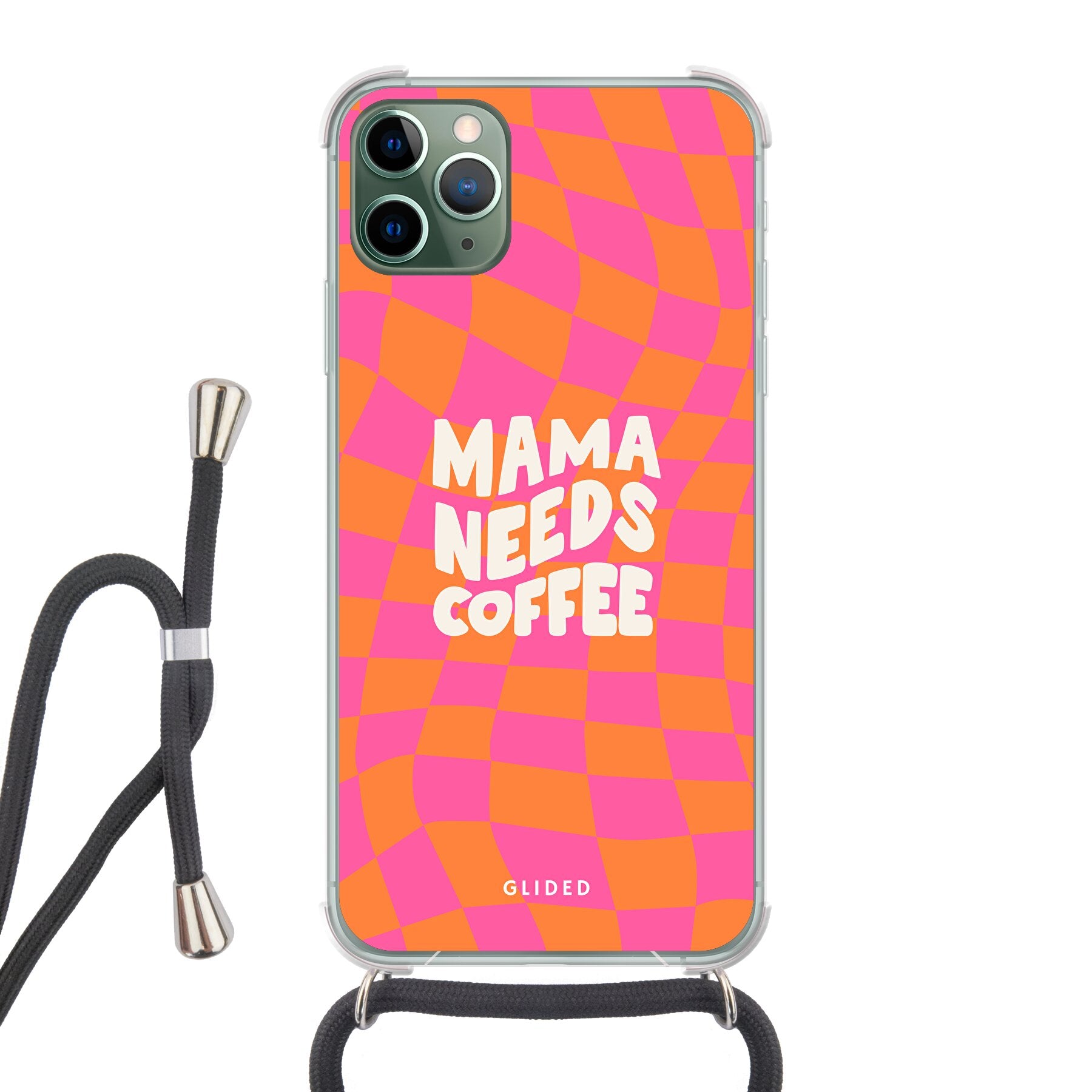 Coffee Mom iPhone 11 Pro Max Hülle mit Schachbrettmuster und dem Spruch 'Mama needs coffee', stilvoll und schützend.
