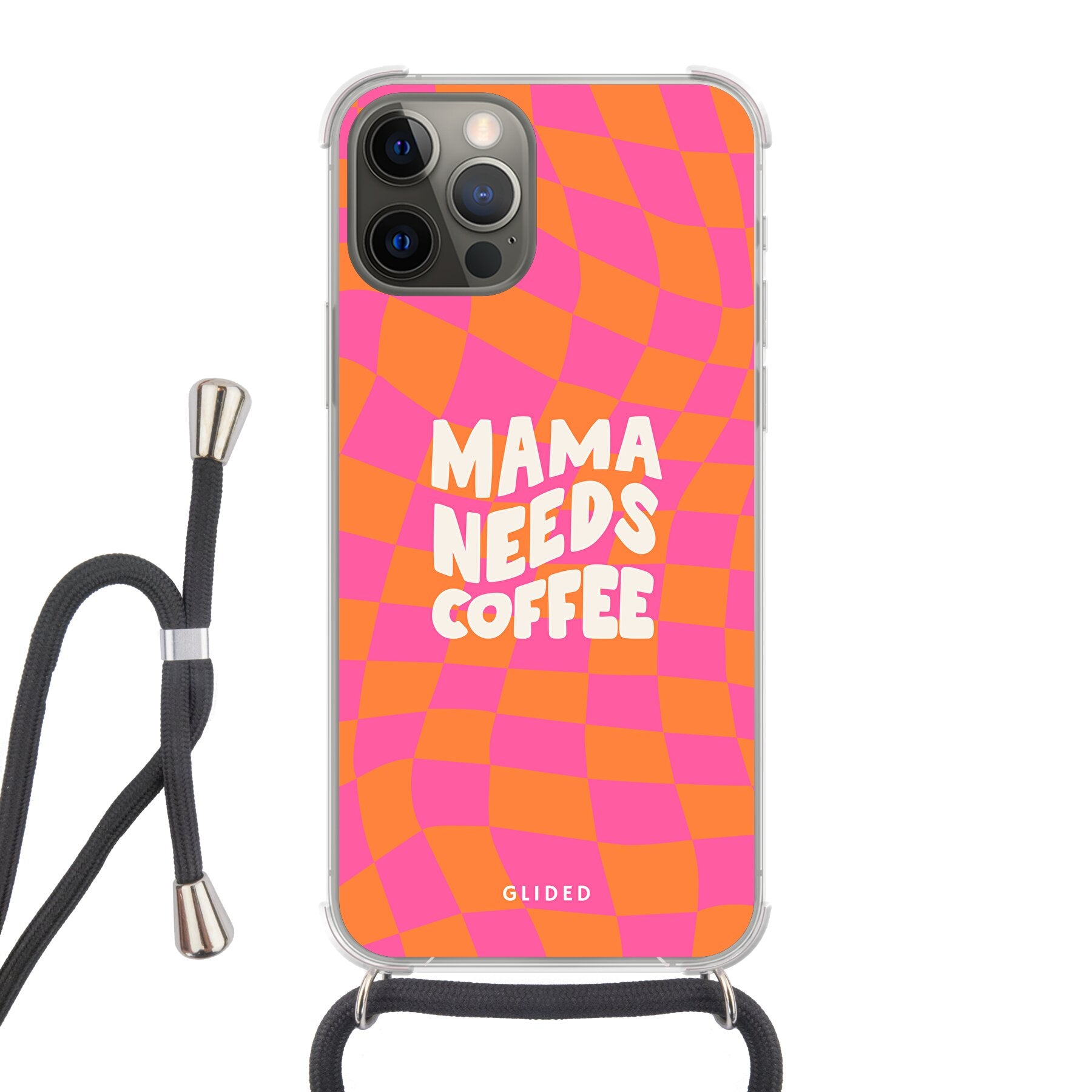 Coffee Mom iPhone 12 Hülle mit Schachbrettmuster und dem Spruch 'Mama needs coffee', stilvoll und schützend.
