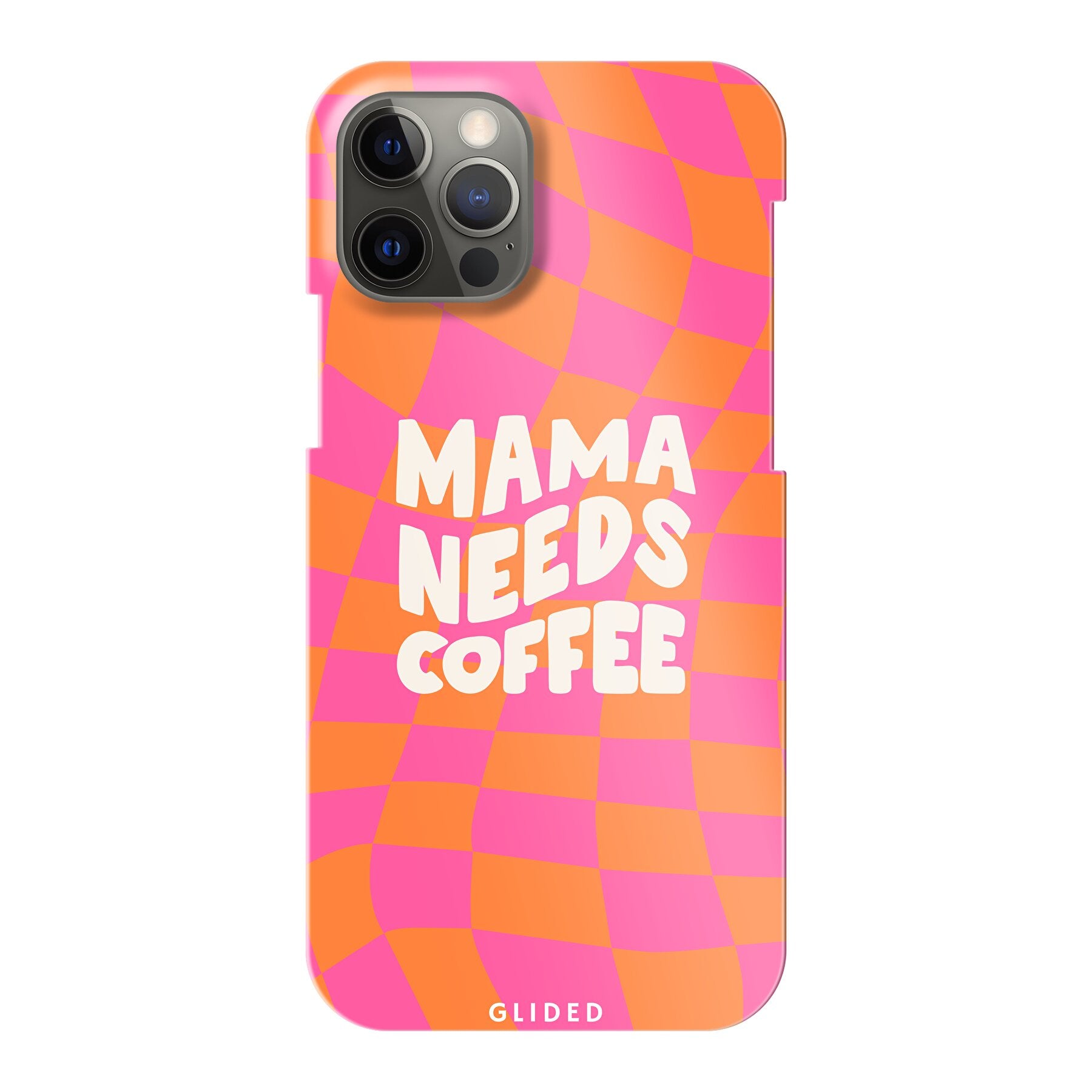 Coffee Mom iPhone 12 Hülle mit Schachbrettmuster und dem Spruch 'Mama needs coffee', stilvoll und schützend.