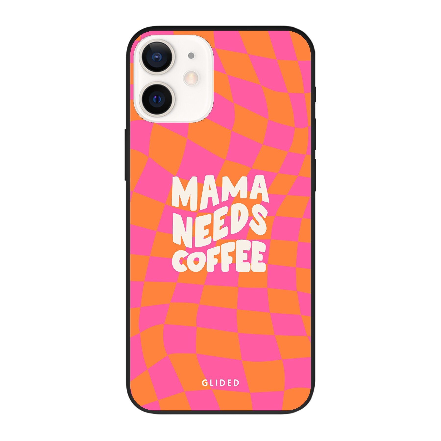 Coffee Mom iPhone 12 Hülle mit Schachbrettmuster und dem Spruch 'Mama needs coffee', stilvoll und schützend.