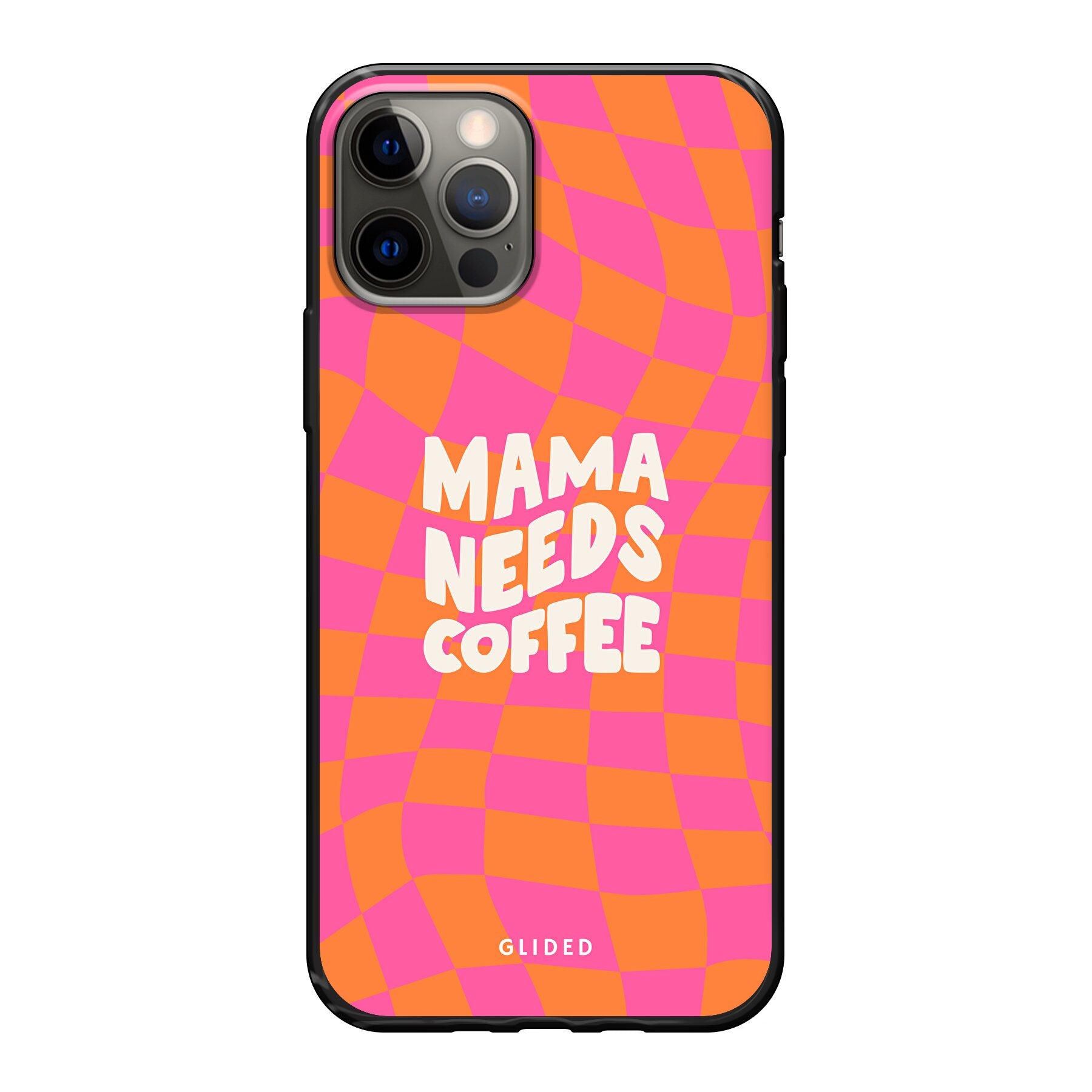 Coffee Mom iPhone 12 Hülle mit Schachbrettmuster und dem Spruch 'Mama needs coffee', stilvoll und schützend.