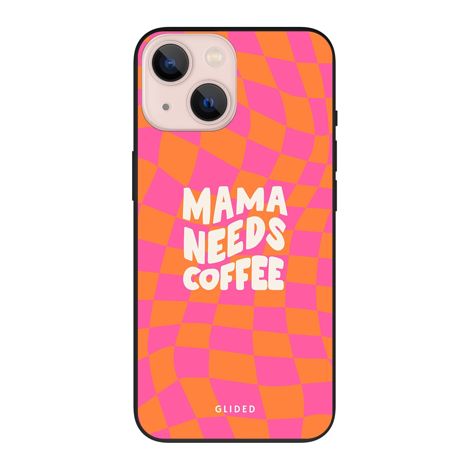 Coffee Mom iPhone 13 mini Hülle mit Schachbrettmuster und dem Spruch 'Mama needs coffee', stilvoll und schützend.