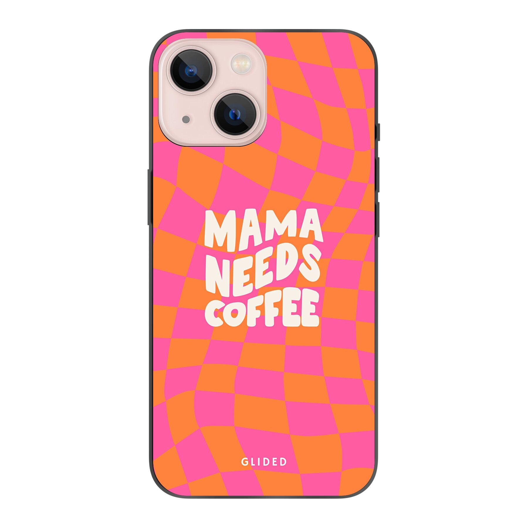 Coffee Mom iPhone 13 mini Hülle mit Schachbrettmuster und dem Spruch 'Mama needs coffee', stilvoll und schützend.