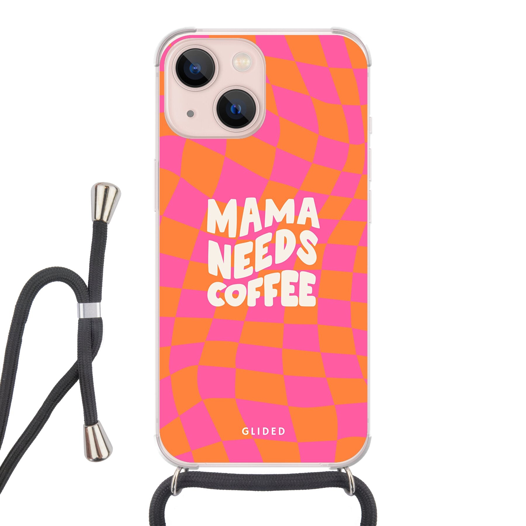 Coffee Mom iPhone 13 mini Hülle mit Schachbrettmuster und dem Spruch 'Mama needs coffee', stilvoll und schützend.
