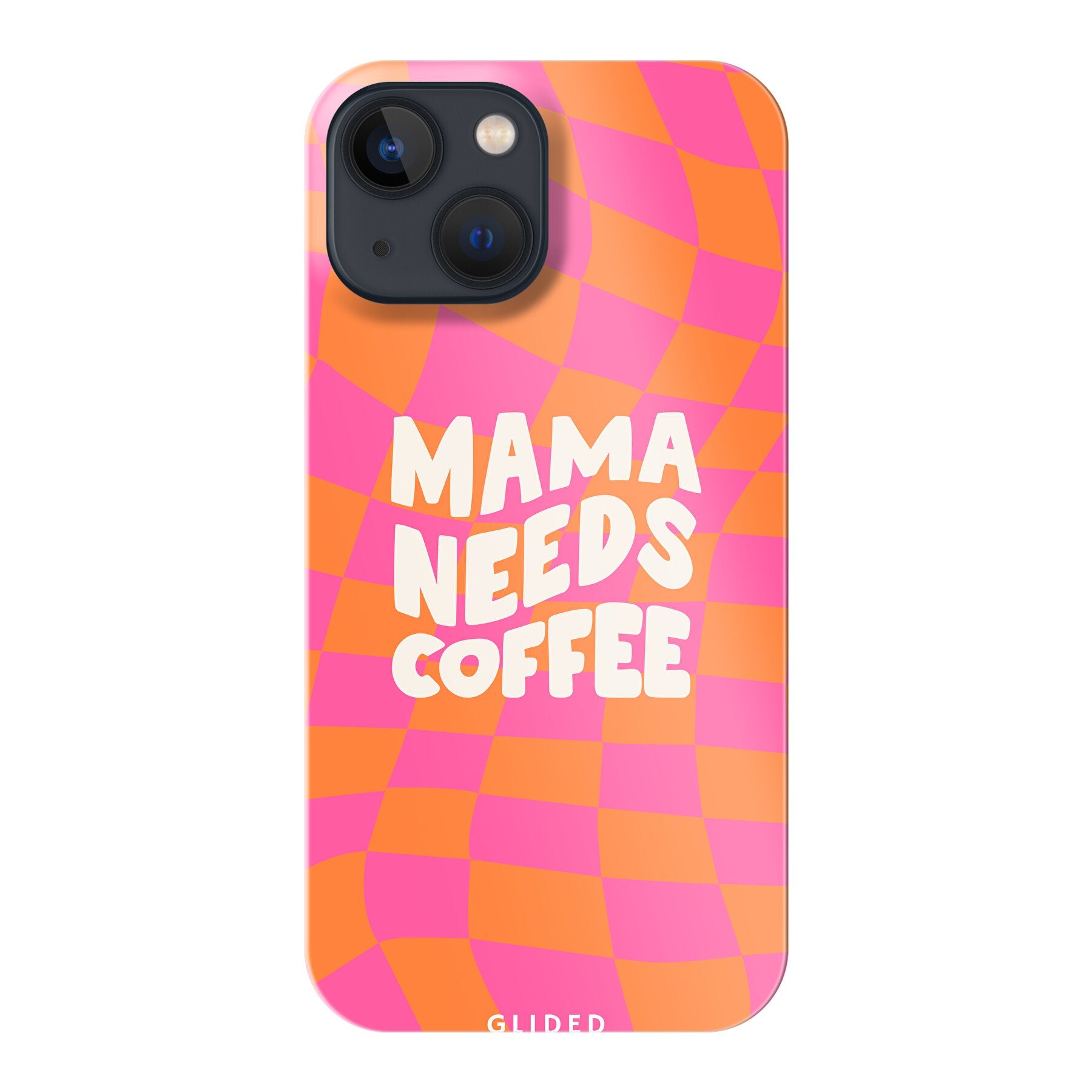 Coffee Mom iPhone 13 mini Hülle mit Schachbrettmuster und dem Spruch 'Mama needs coffee', stilvoll und schützend.