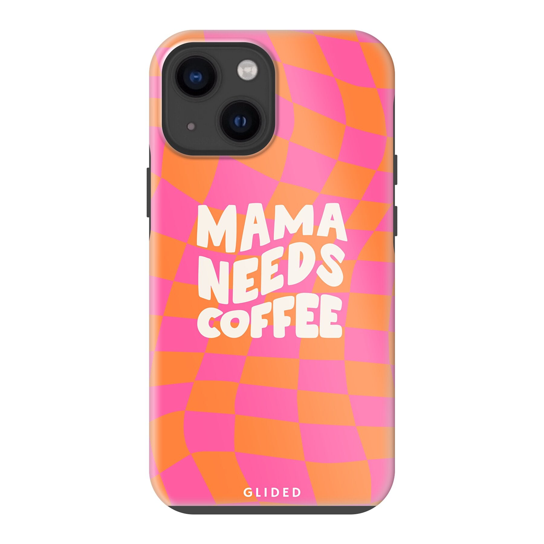 Coffee Mom iPhone 13 mini Hülle mit Schachbrettmuster und dem Spruch 'Mama needs coffee', stilvoll und schützend.