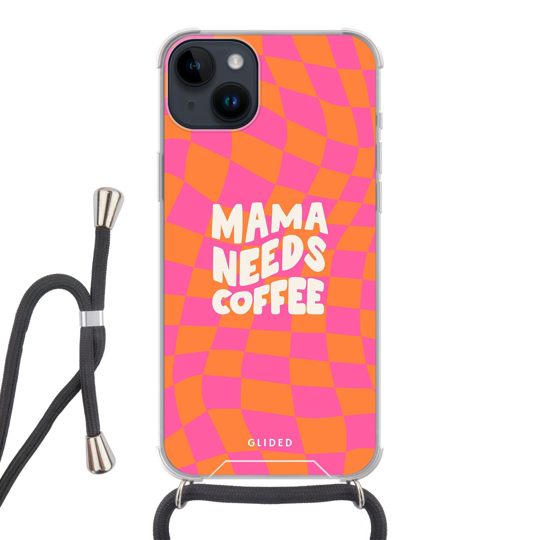 Coffee Mom iPhone 14 Plus Handyhülle mit Schachbrettmuster und dem Spruch 'Mama needs coffee', idealer Schutz für dein Smartphone.