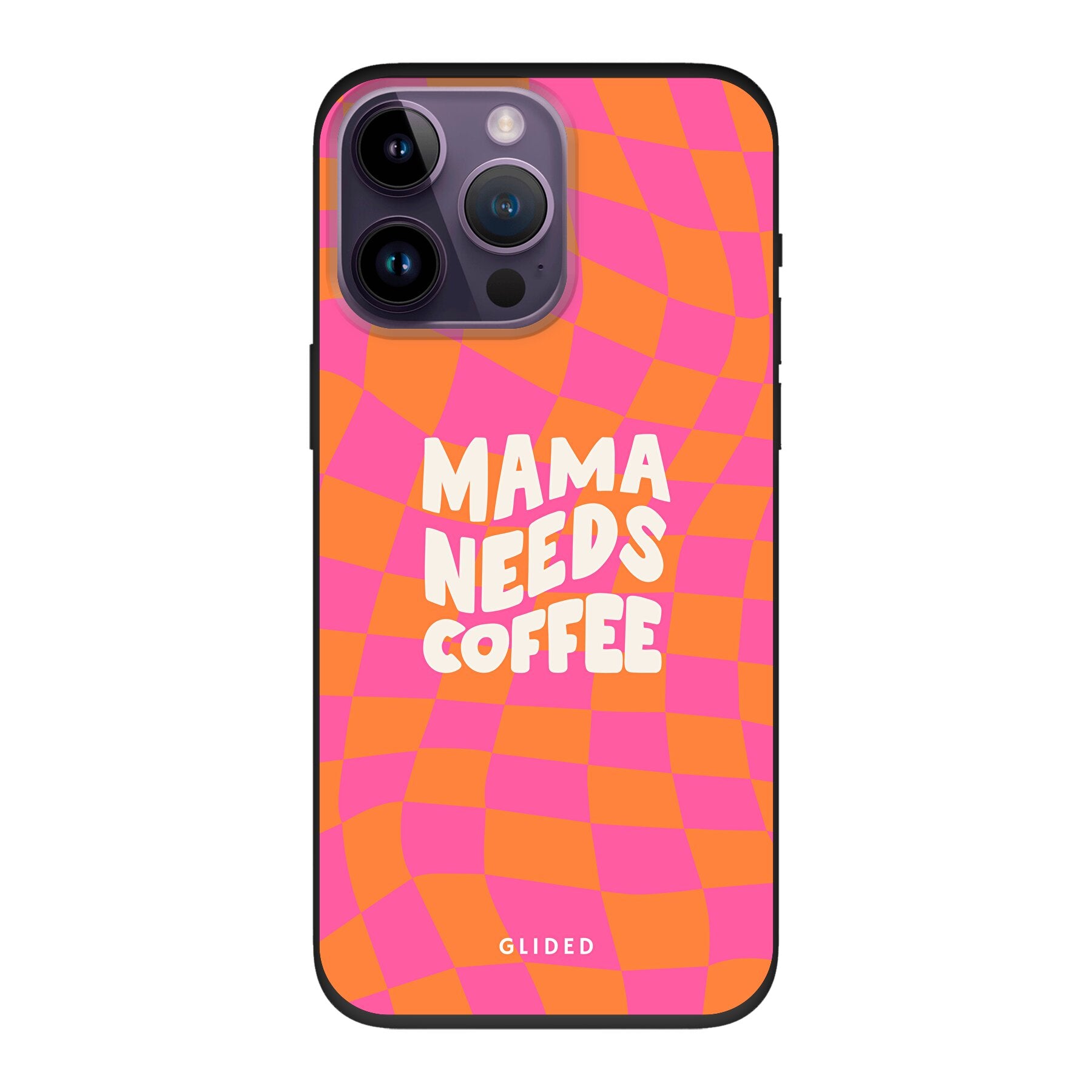 Coffee Mom iPhone 14 Pro Max Handyhülle mit Schachbrettmuster und dem Spruch 'Mama needs coffee', stilvoll und schützend.