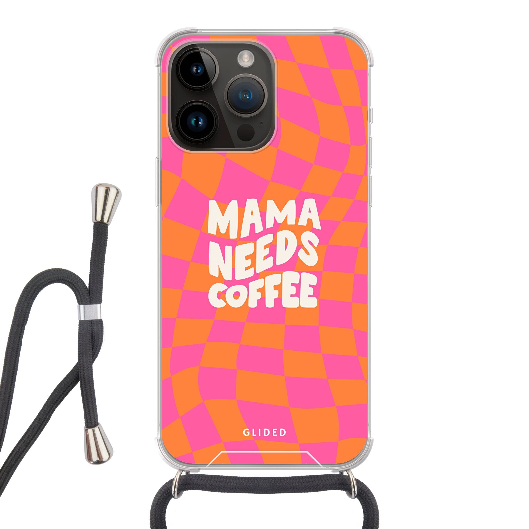 Coffee Mom iPhone 14 Pro Max Handyhülle mit Schachbrettmuster und dem Spruch 'Mama needs coffee', stilvoll und schützend.