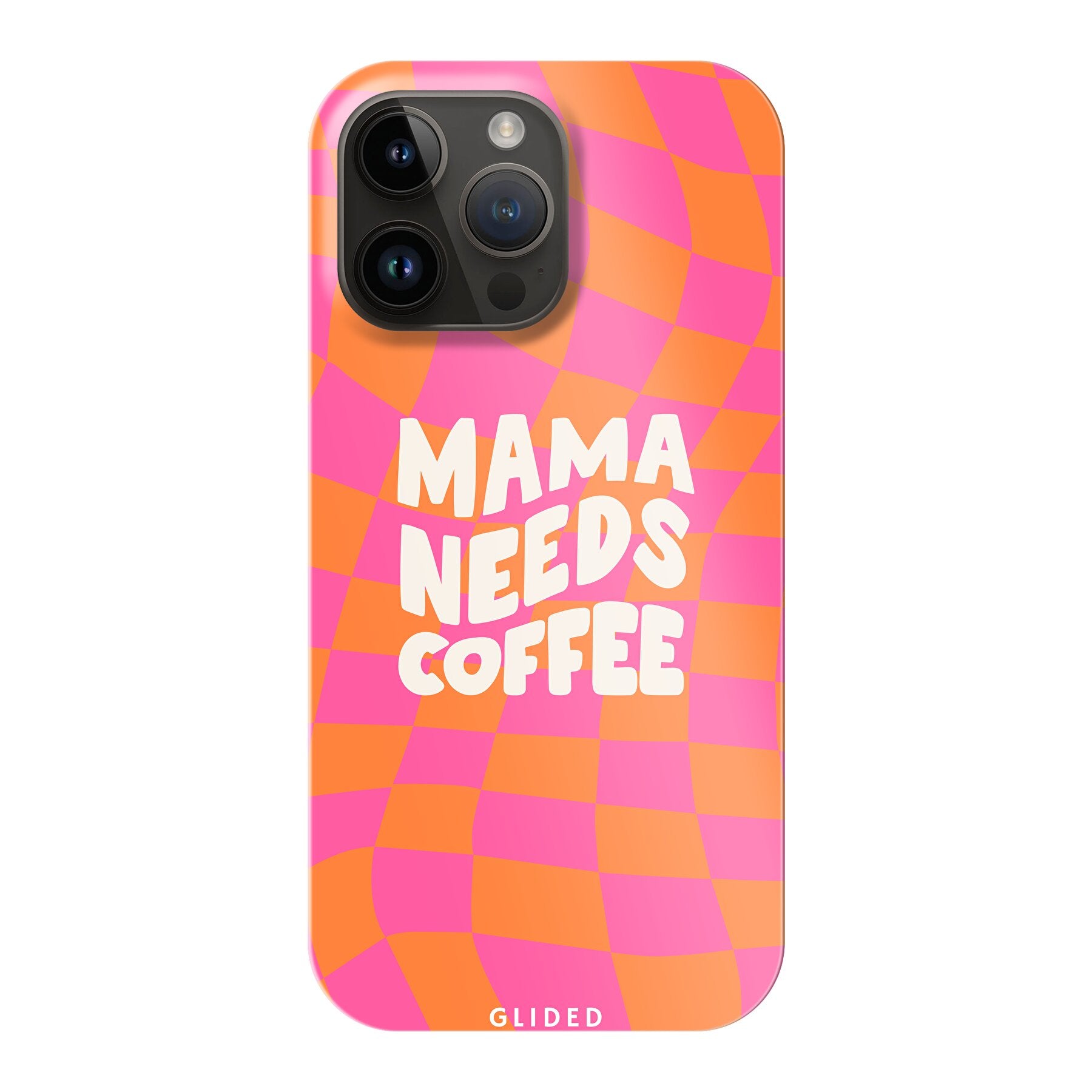 Coffee Mom iPhone 14 Pro Max Handyhülle mit Schachbrettmuster und dem Spruch 'Mama needs coffee', stilvoll und schützend.