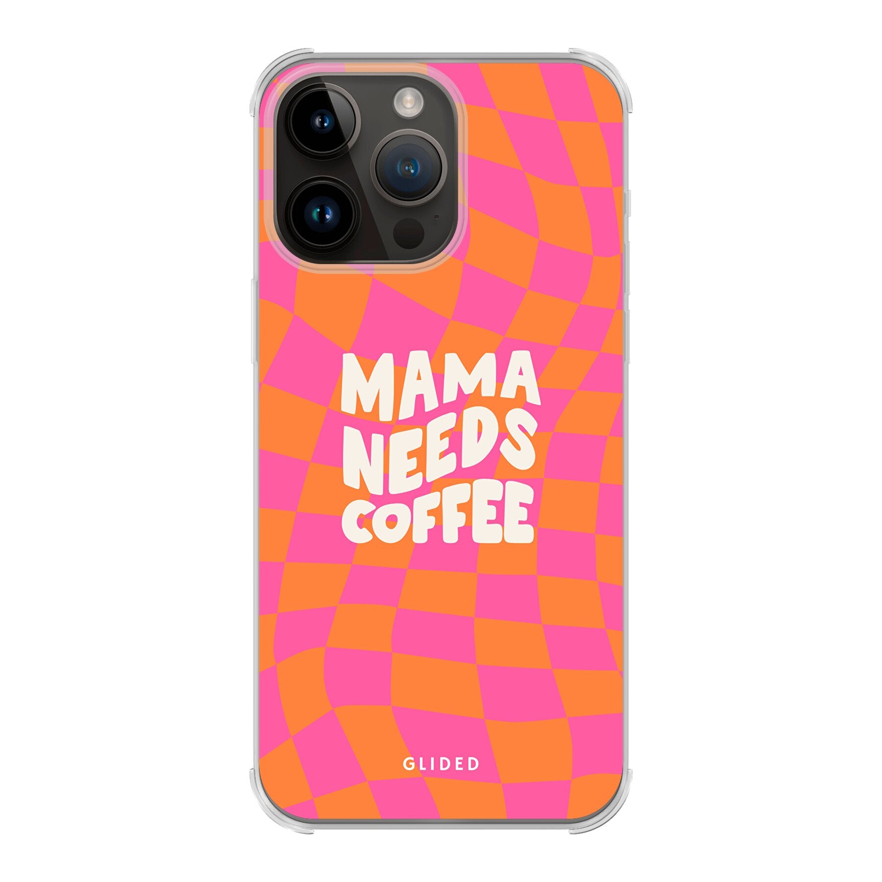 Coffee Mom iPhone 14 Pro Max Handyhülle mit Schachbrettmuster und dem Spruch 'Mama needs coffee', stilvoll und schützend.