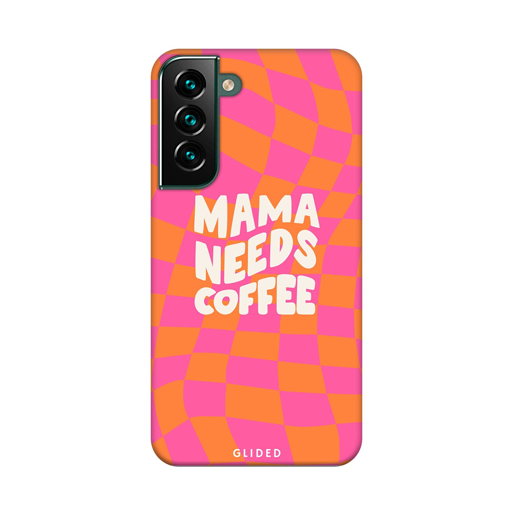 Coffee Mom Samsung Galaxy S22 Plus Hülle mit Schachbrettmuster und dem Spruch 'Mama needs coffee'.