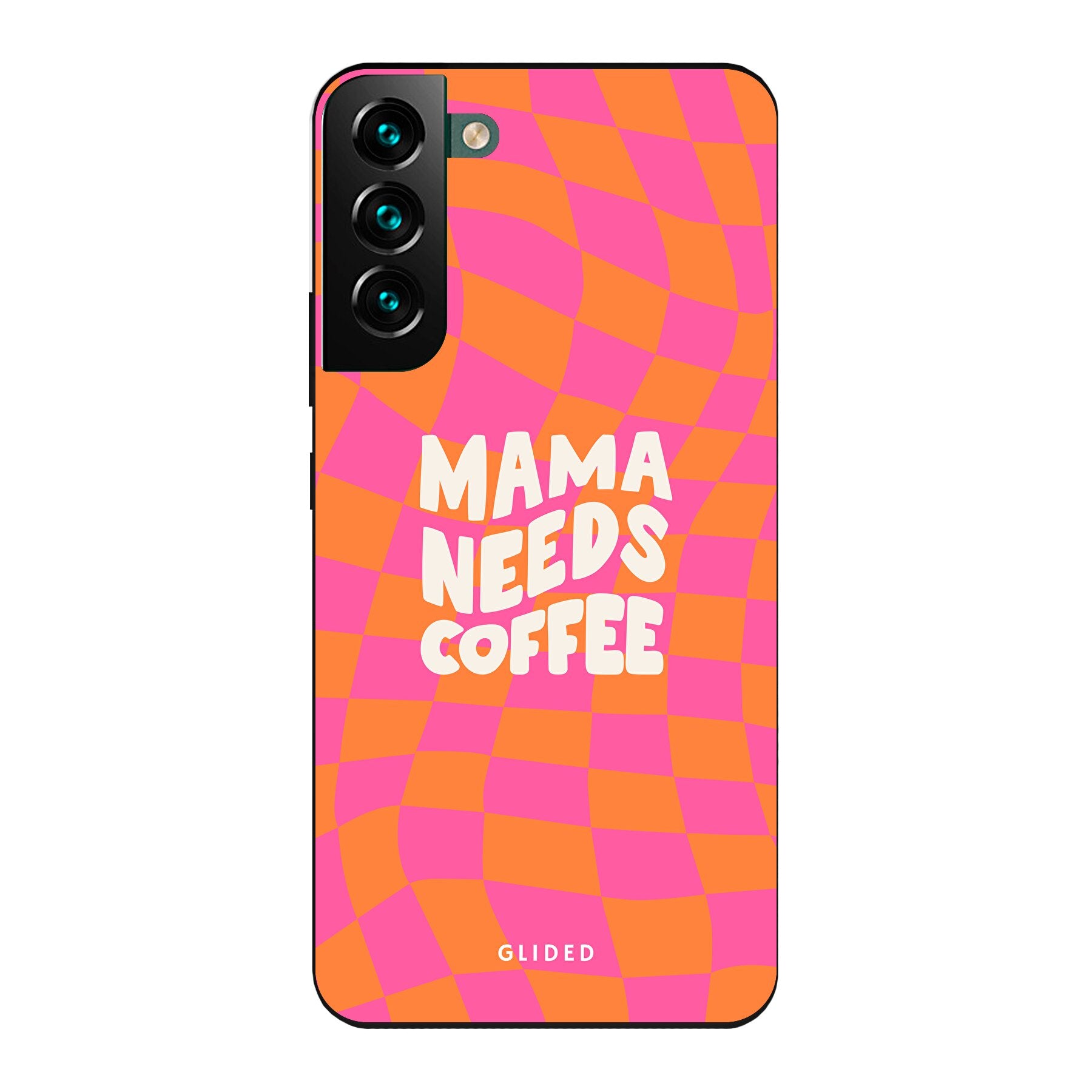 Coffee Mom Samsung Galaxy S22 Plus Hülle mit Schachbrettmuster und dem Spruch 'Mama needs coffee'.