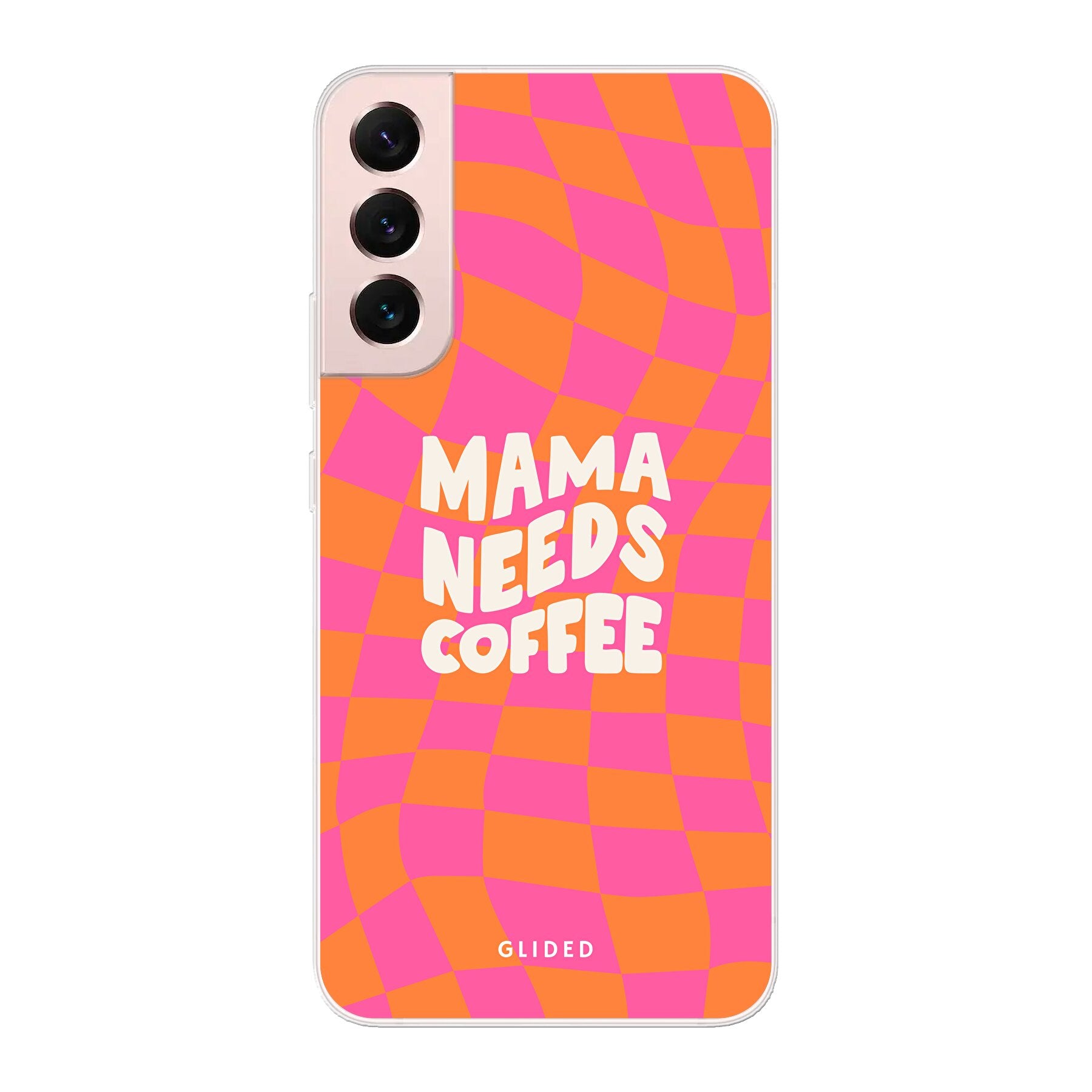 Coffee Mom Samsung Galaxy S22 Plus Hülle mit Schachbrettmuster und dem Spruch 'Mama needs coffee'.