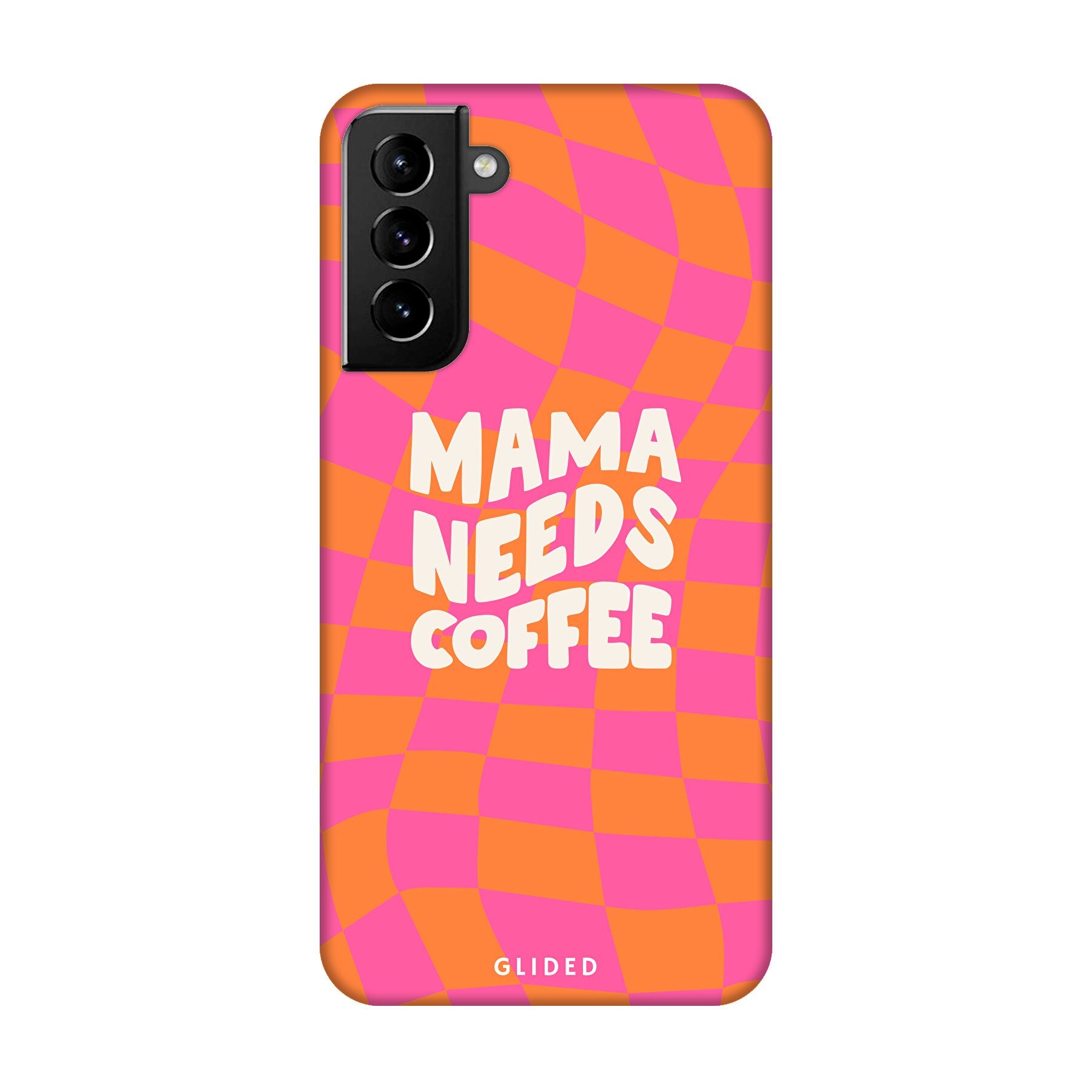 Coffee Mom Samsung Galaxy S21 Plus 5G Hülle mit Schachbrettmuster und dem Spruch 'Mama needs coffee', stilvoll und schützend.