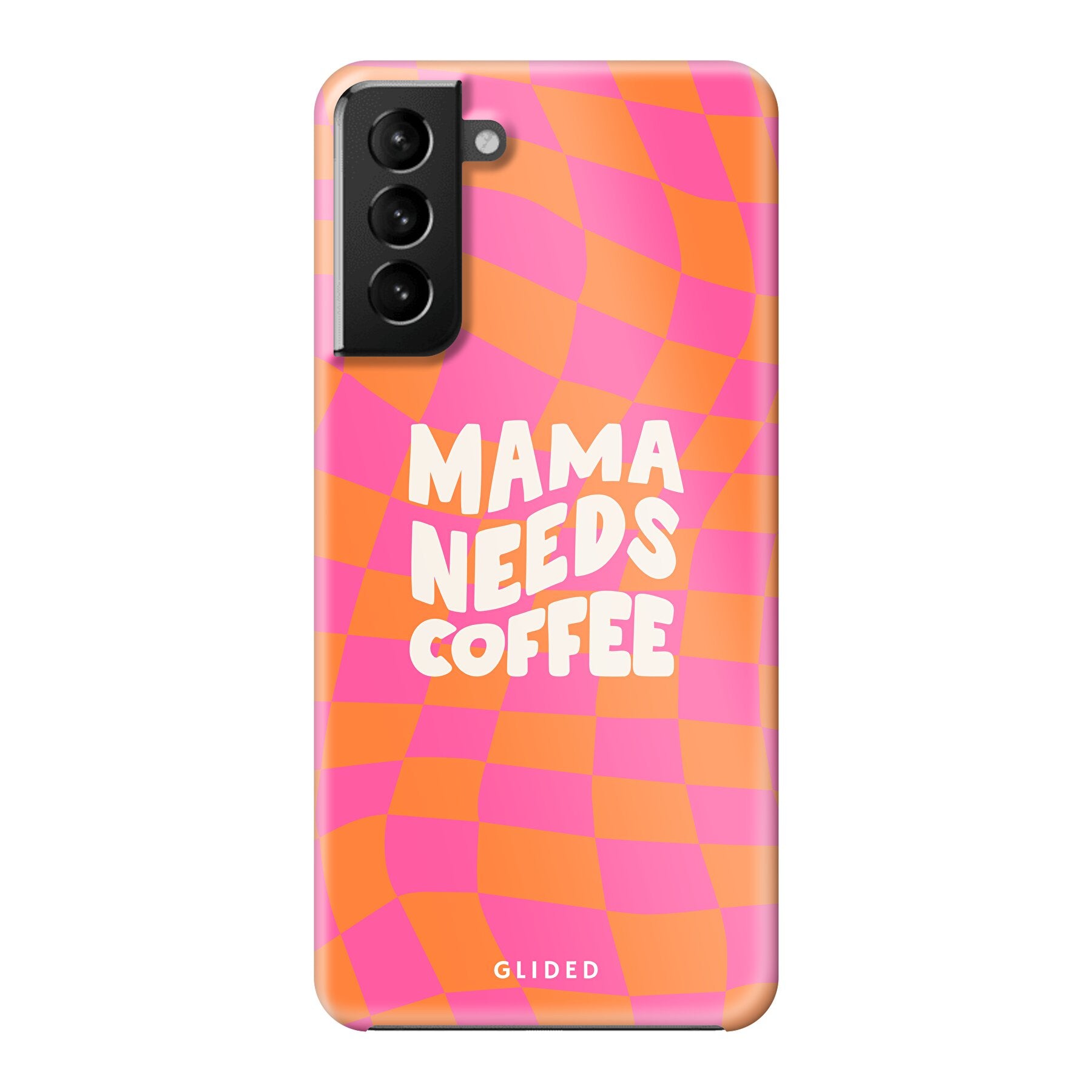 Coffee Mom Samsung Galaxy S21 Plus 5G Hülle mit Schachbrettmuster und dem Spruch 'Mama needs coffee', stilvoll und schützend.