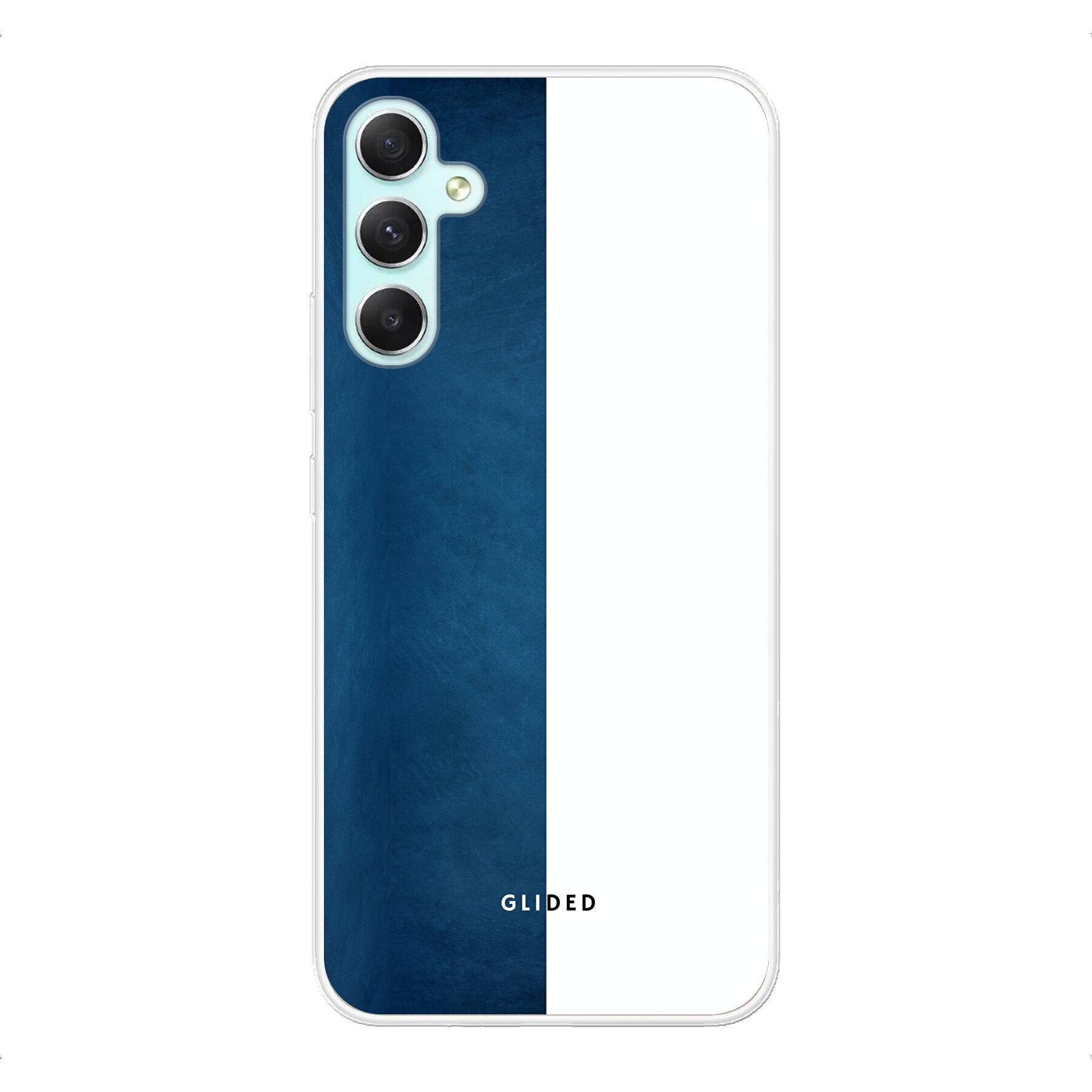 Samsung Galaxy A34 Handyhülle in Blau und Weiß mit kontrastierendem Design, bietet stilvollen Schutz und präzise Aussparungen.