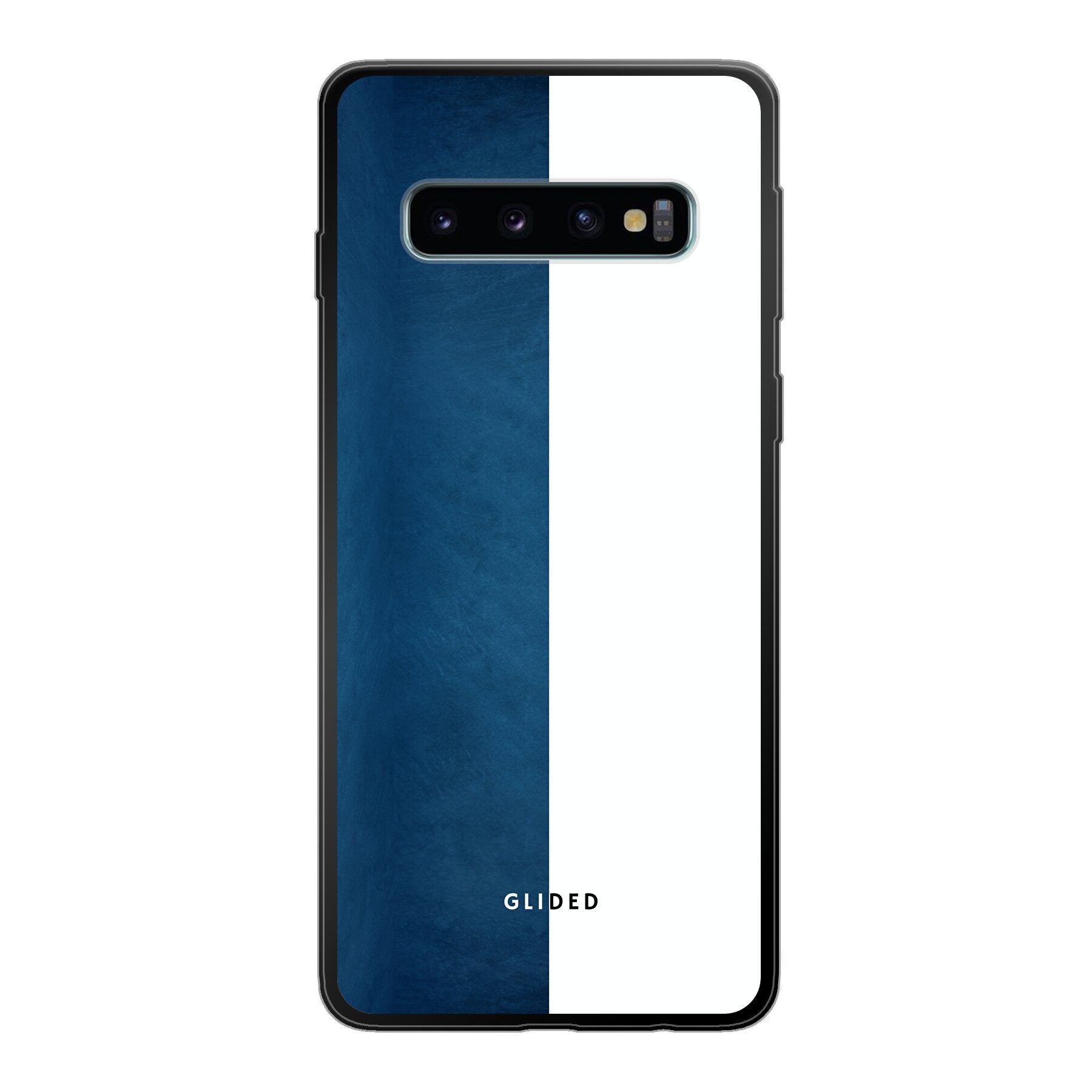 Samsung Galaxy S10 Handyhülle 'Contrast' in Blau und Weiß, bietet stilvollen Schutz und präzise Aussparungen.