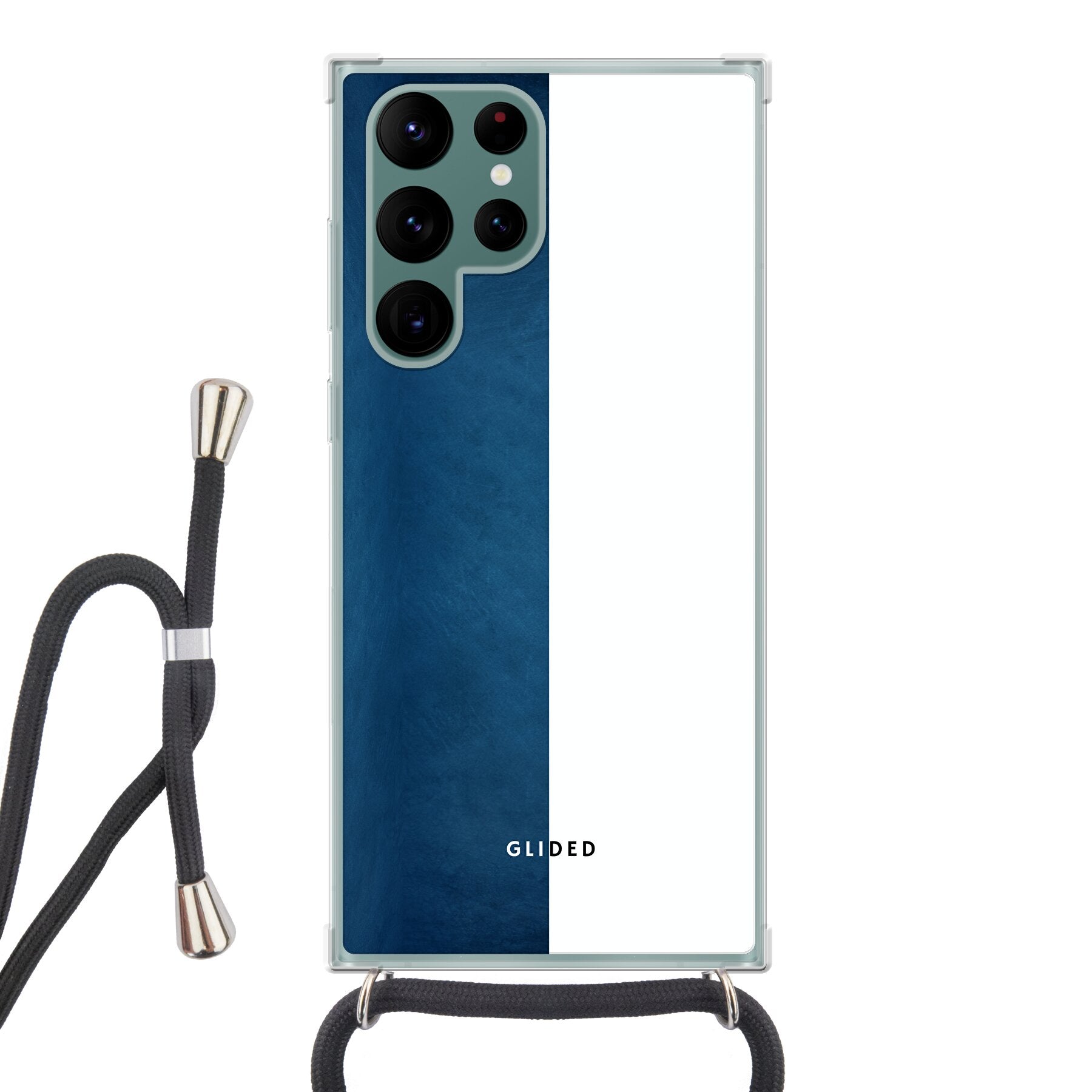 Samsung Galaxy S22 Ultra Handyhülle in Blau und Weiß mit kontrastierendem Design, bietet stilvollen Schutz und präzise Aussparungen.