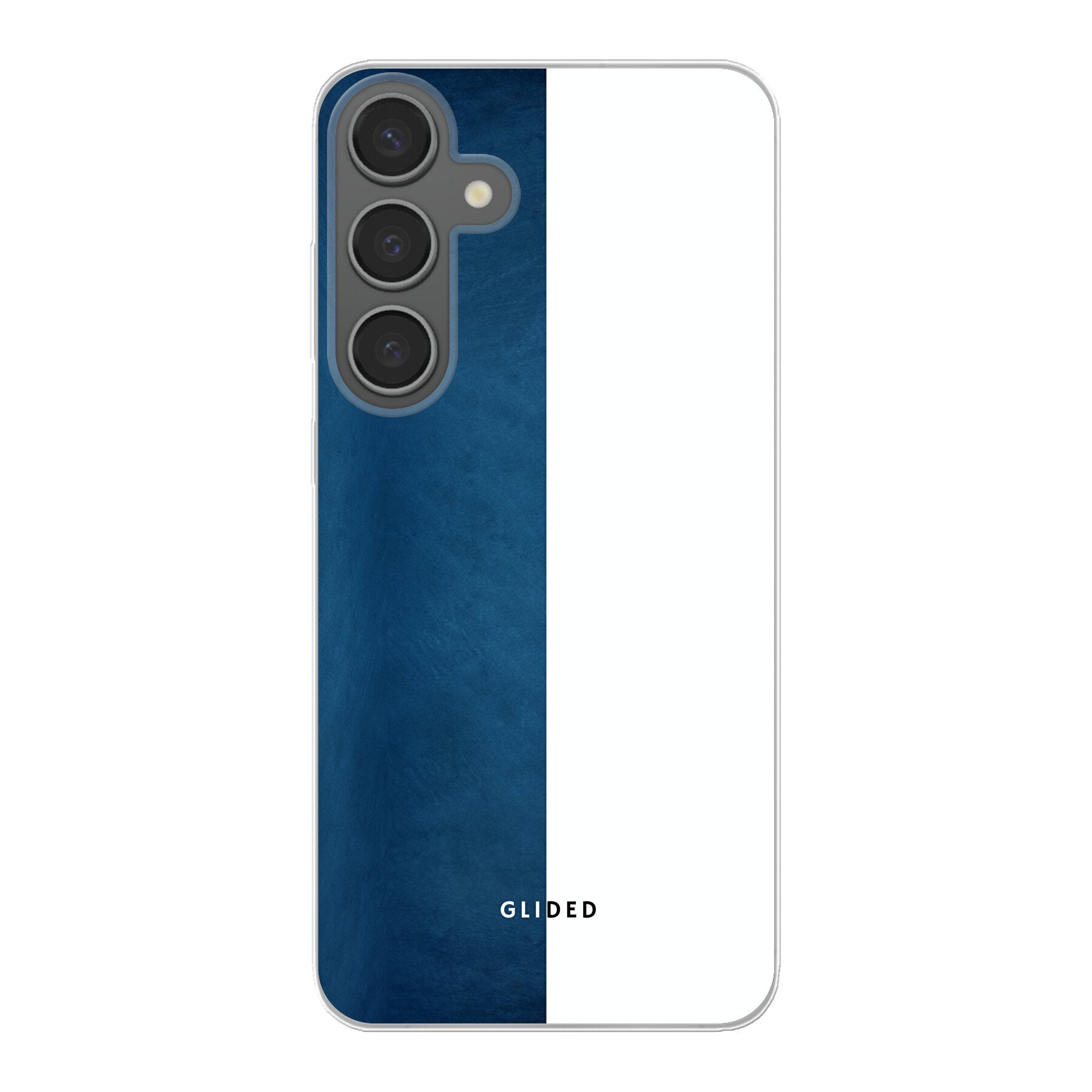 Samsung Galaxy S24 Plus Handyhülle in Blau und Weiß mit kontrastierendem Design, bietet stilvollen Schutz und präzise Aussparungen.