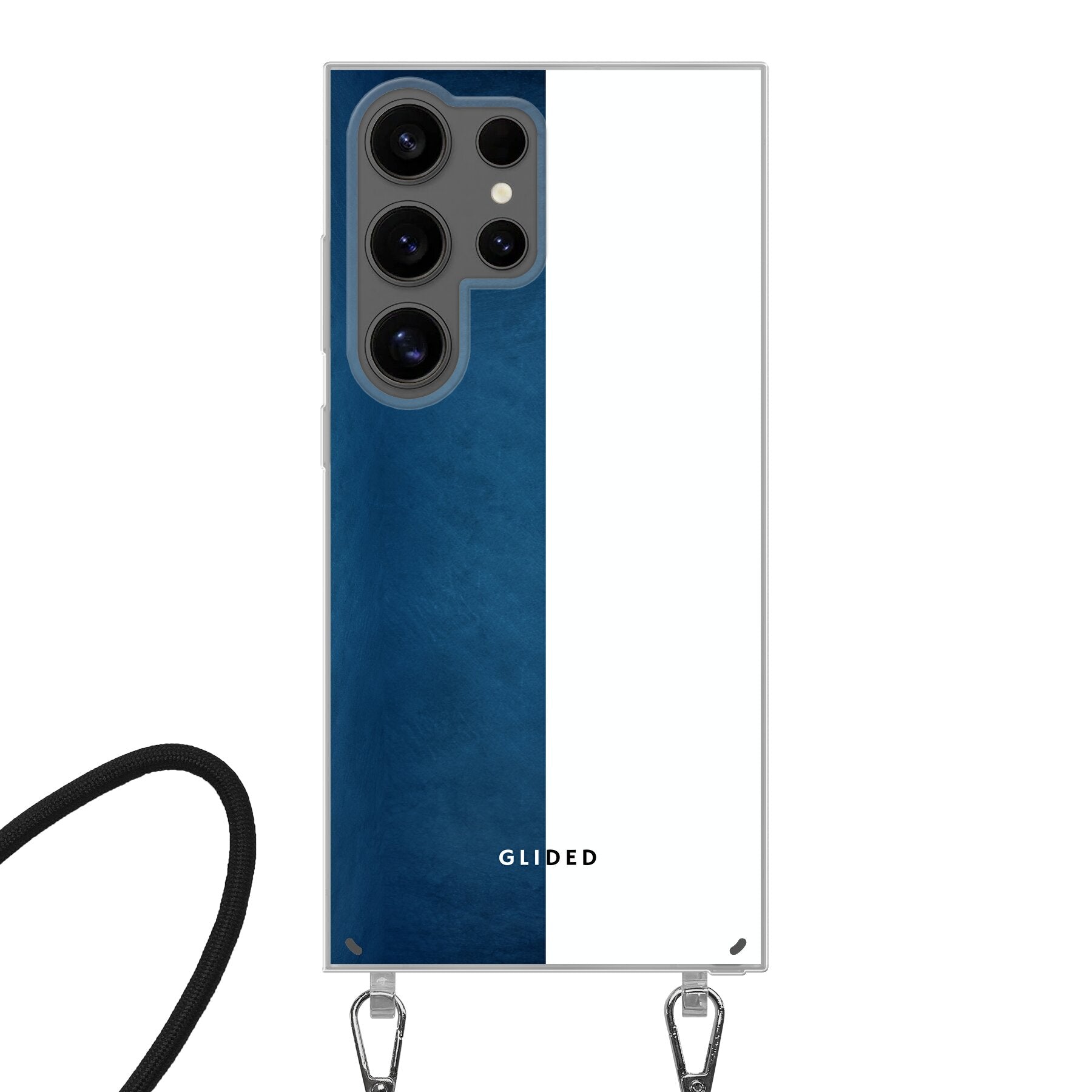 Samsung Galaxy S24 Ultra Handyhülle in Blau und Weiß mit kontrastierendem Design, bietet stilvollen Schutz und präzise Aussparungen.