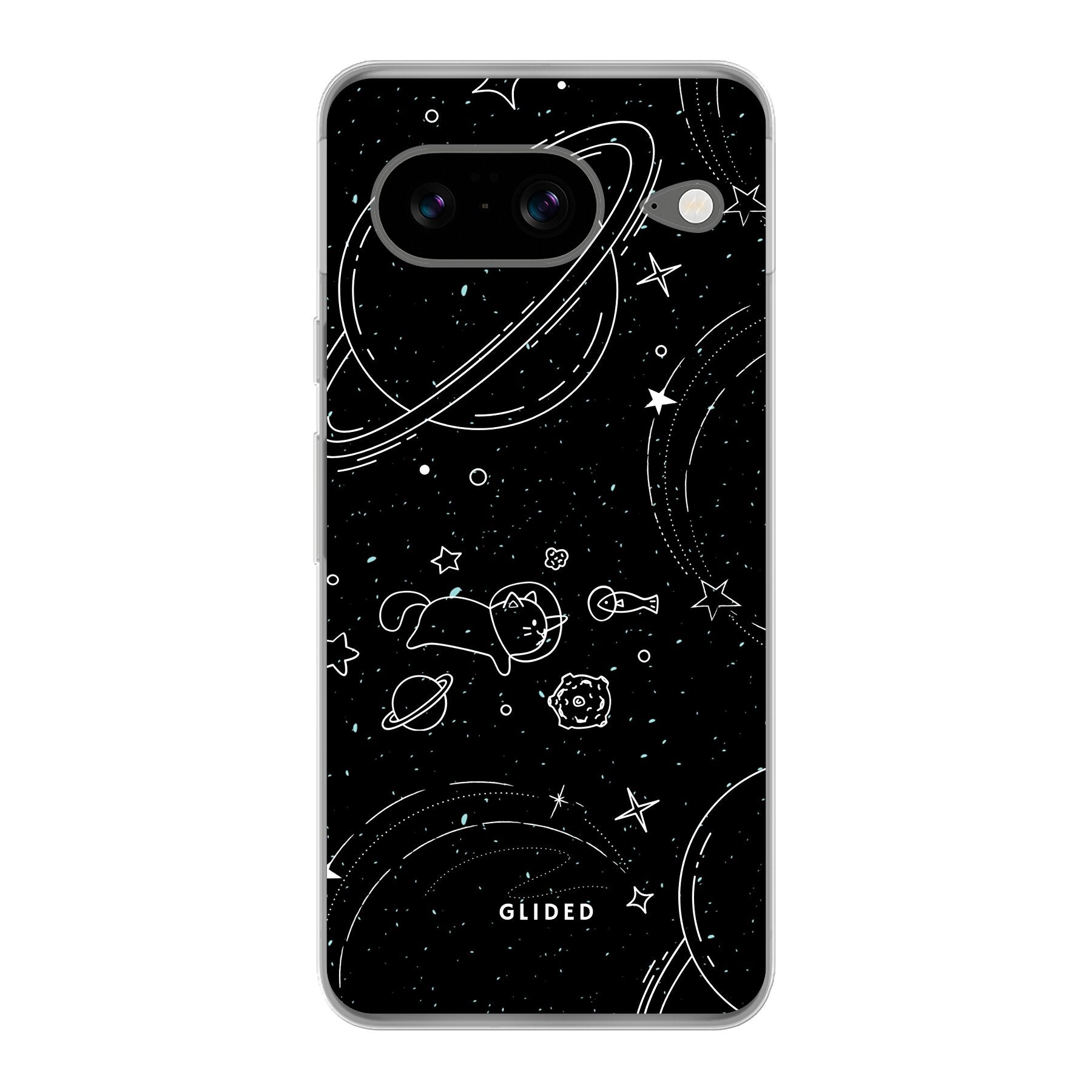 Cosmic Cat Google Pixel 8 Handyhülle mit funkelnden Sternen und majestätischer Katze auf dunklem Hintergrund.