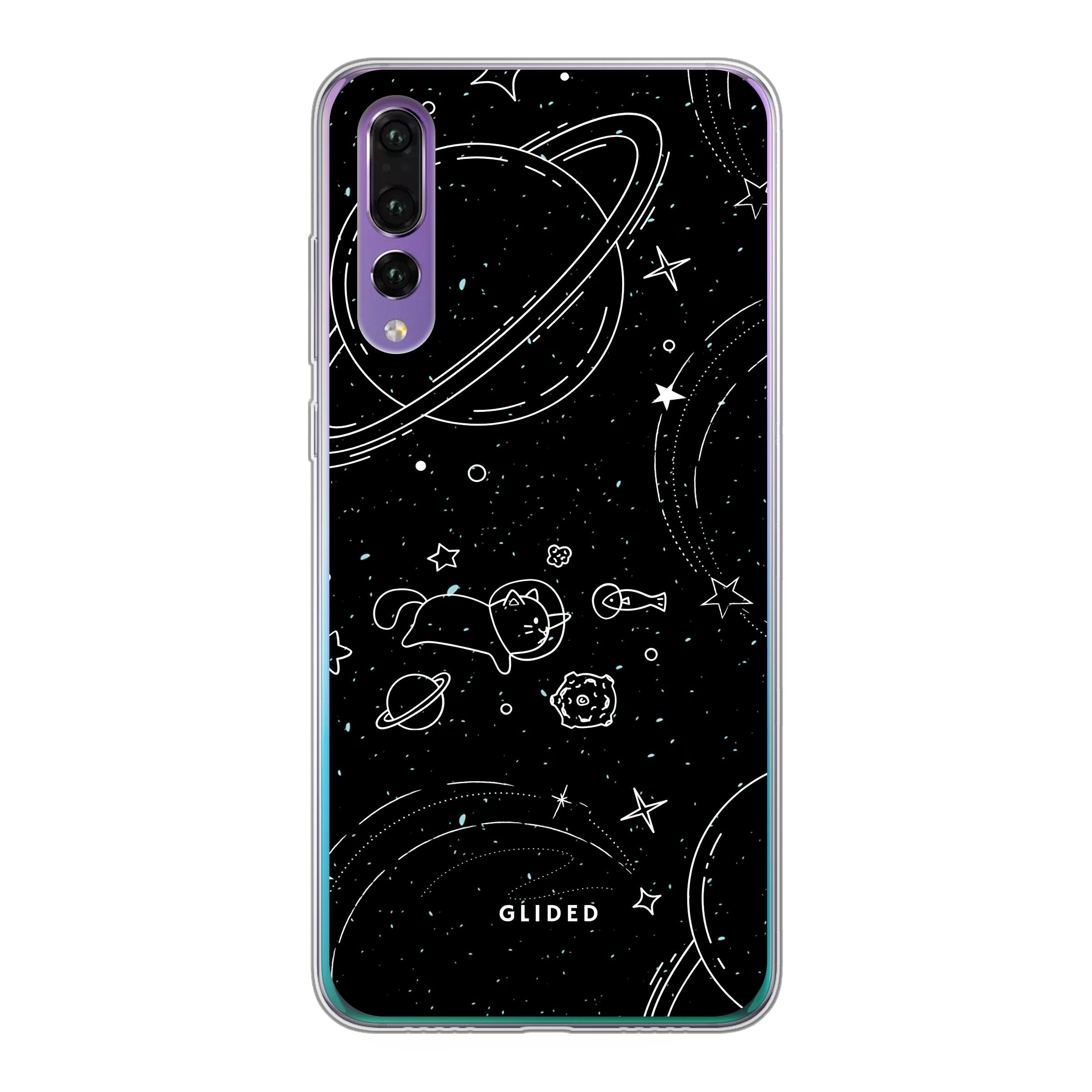 Cosmic Cat Huawei P30 Handyhülle mit funkelnden Sternen und majestätischer Katze auf dunklem Hintergrund.