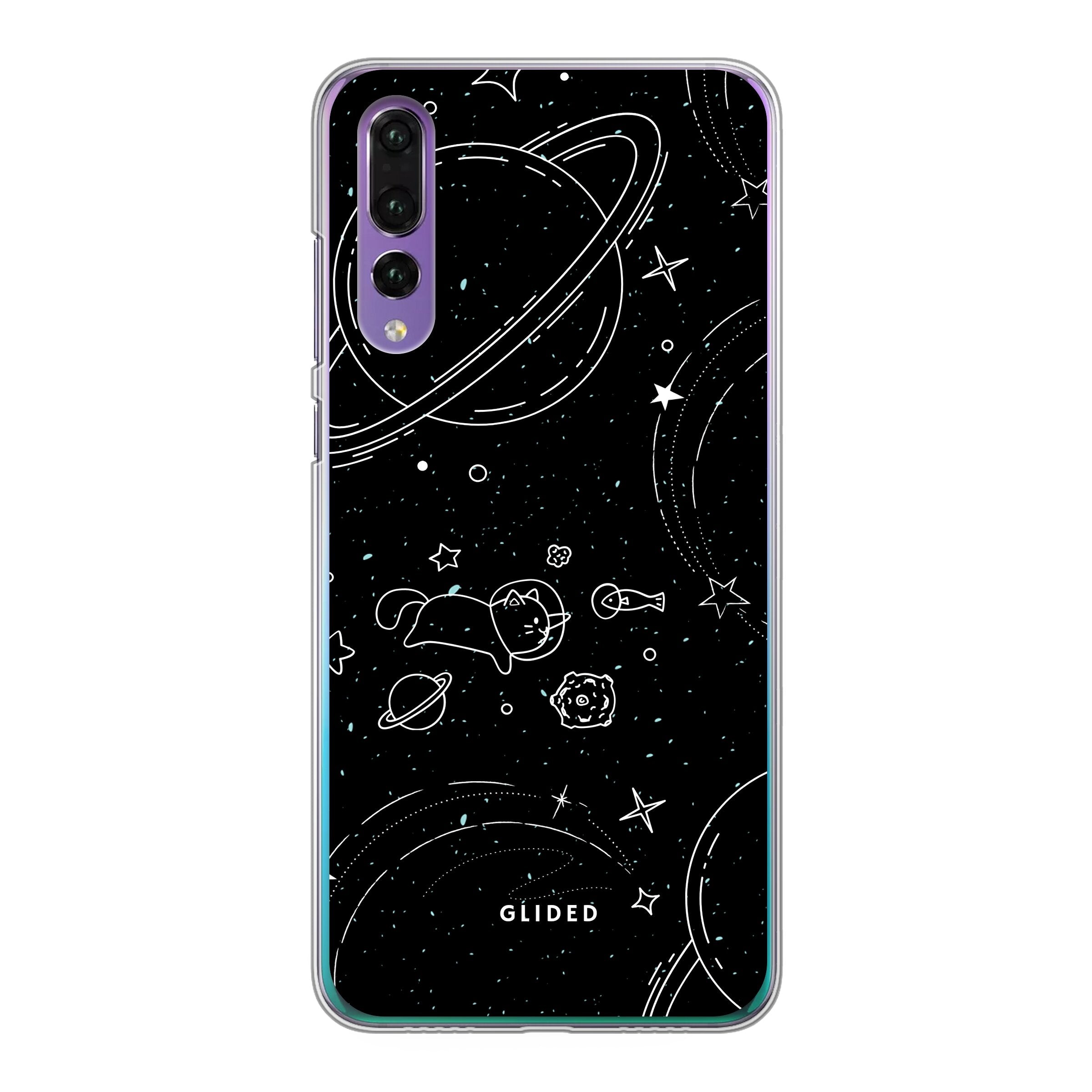 Cosmic Cat Huawei P30 Handyhülle mit funkelnden Sternen und majestätischer Katze auf dunklem Hintergrund.