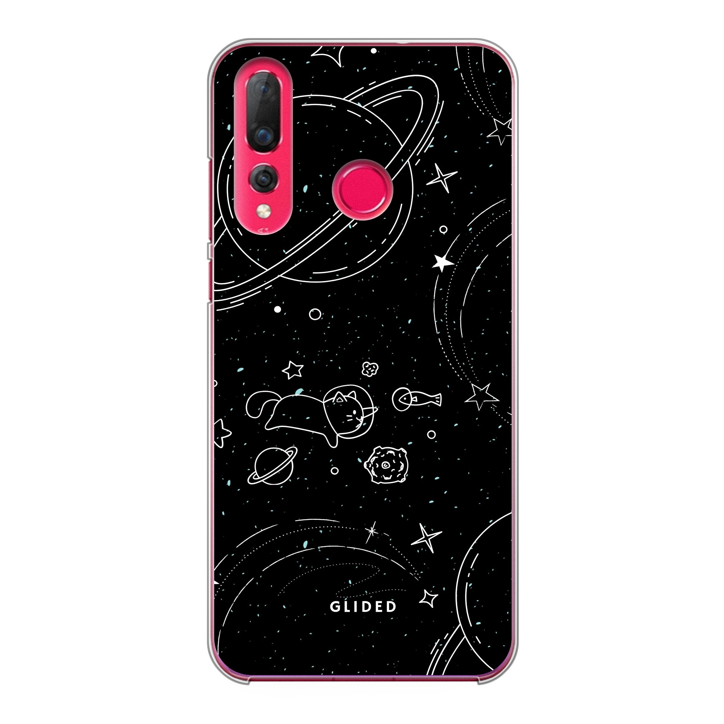 Cosmic Cat Huawei P30 Lite Hülle mit funkelnden Sternen und majestätischer Katze auf dunklem Hintergrund.