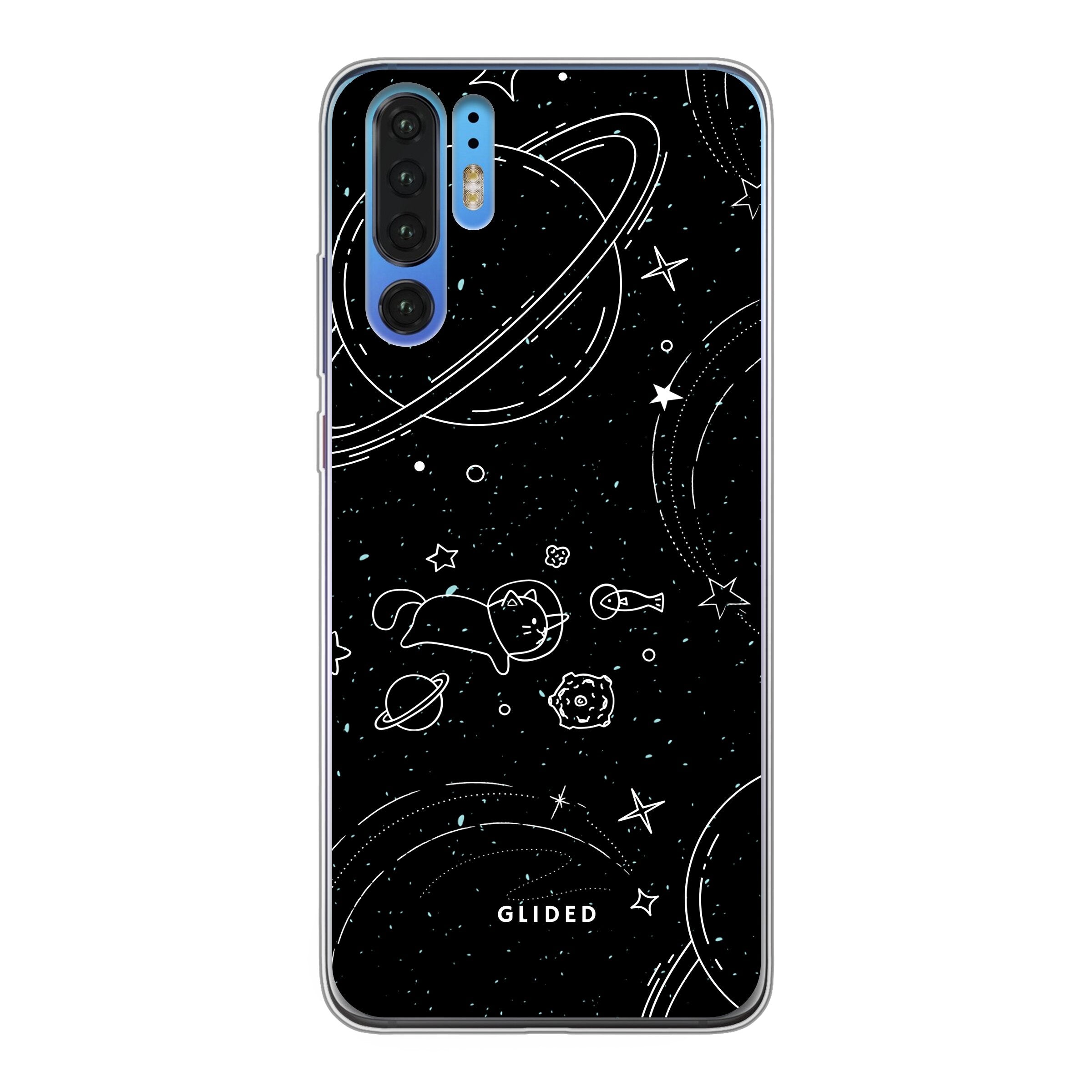 Cosmic Cat Huawei P30 Pro Hülle mit funkelnden Sternen und majestätischer Katze auf dunklem Hintergrund.