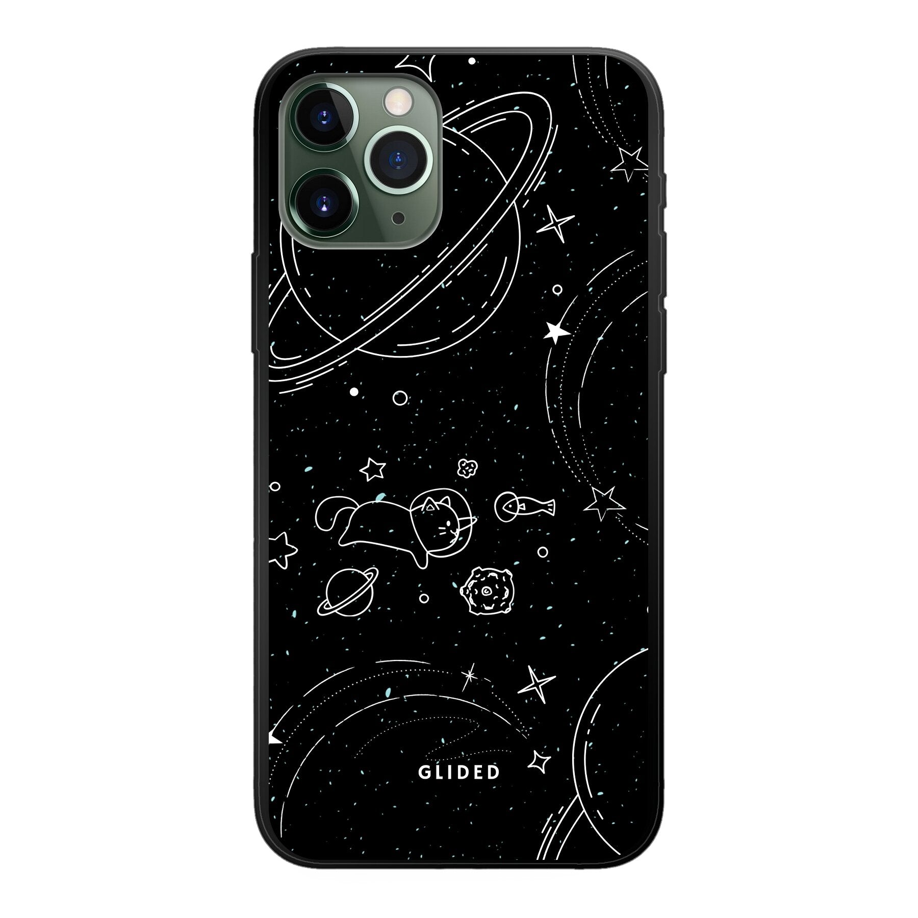 Cosmic Cat iPhone 11 Pro Hülle mit funkelnden Sternen und majestätischer Katze auf dunklem Hintergrund.