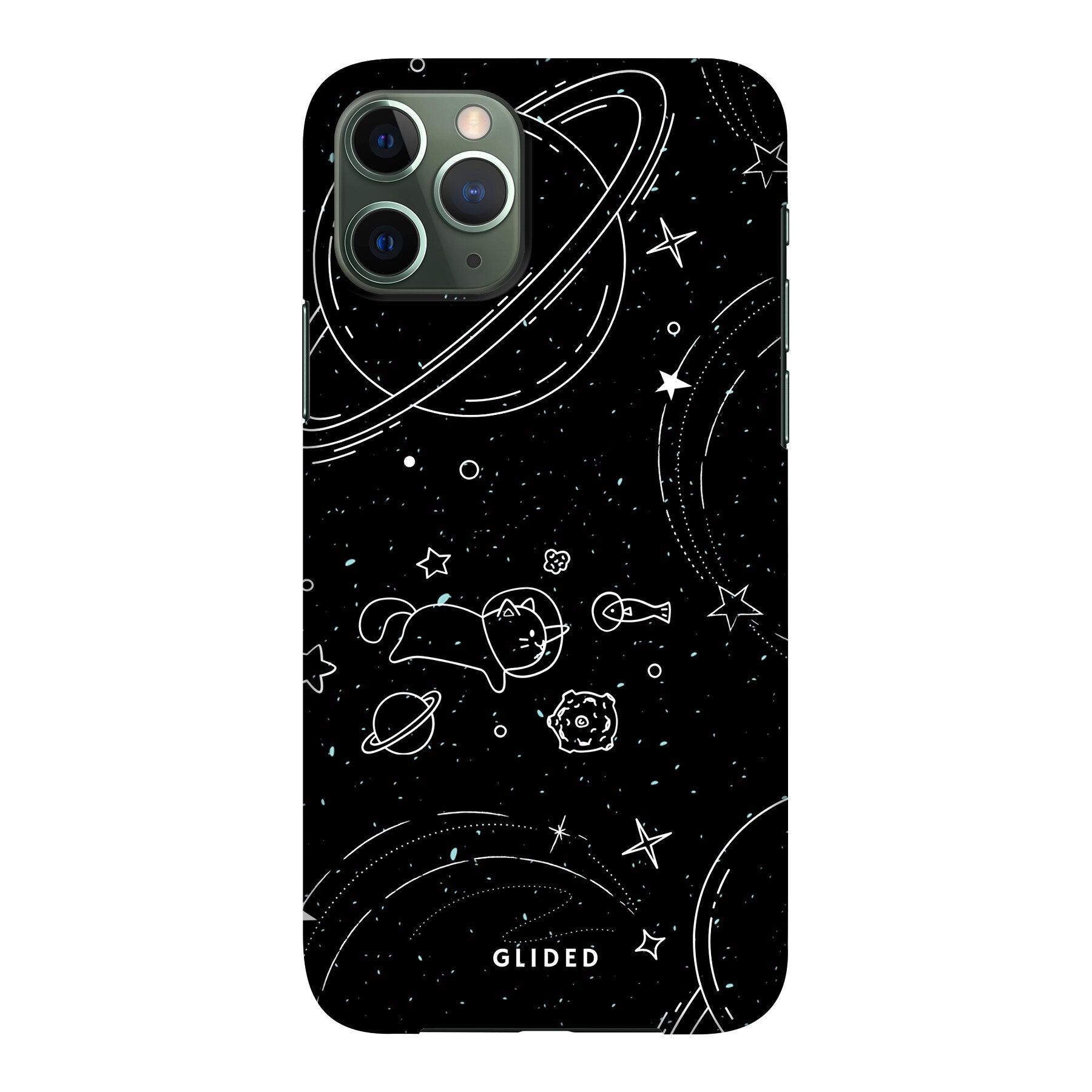 Cosmic Cat iPhone 11 Pro Hülle mit funkelnden Sternen und majestätischer Katze auf dunklem Hintergrund.
