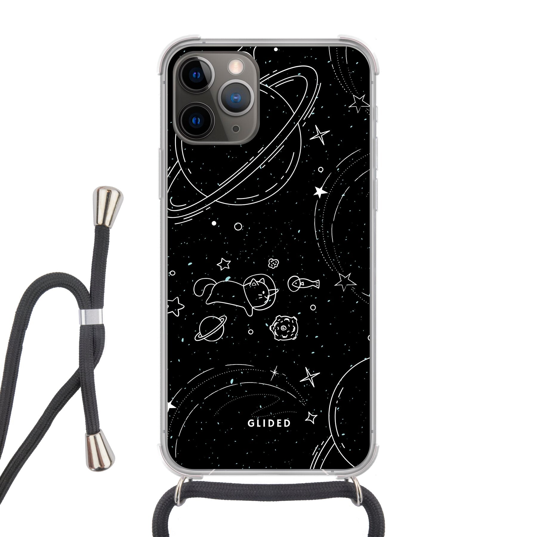 Cosmic Cat iPhone 11 Pro Hülle mit funkelnden Sternen und majestätischer Katze auf dunklem Hintergrund.