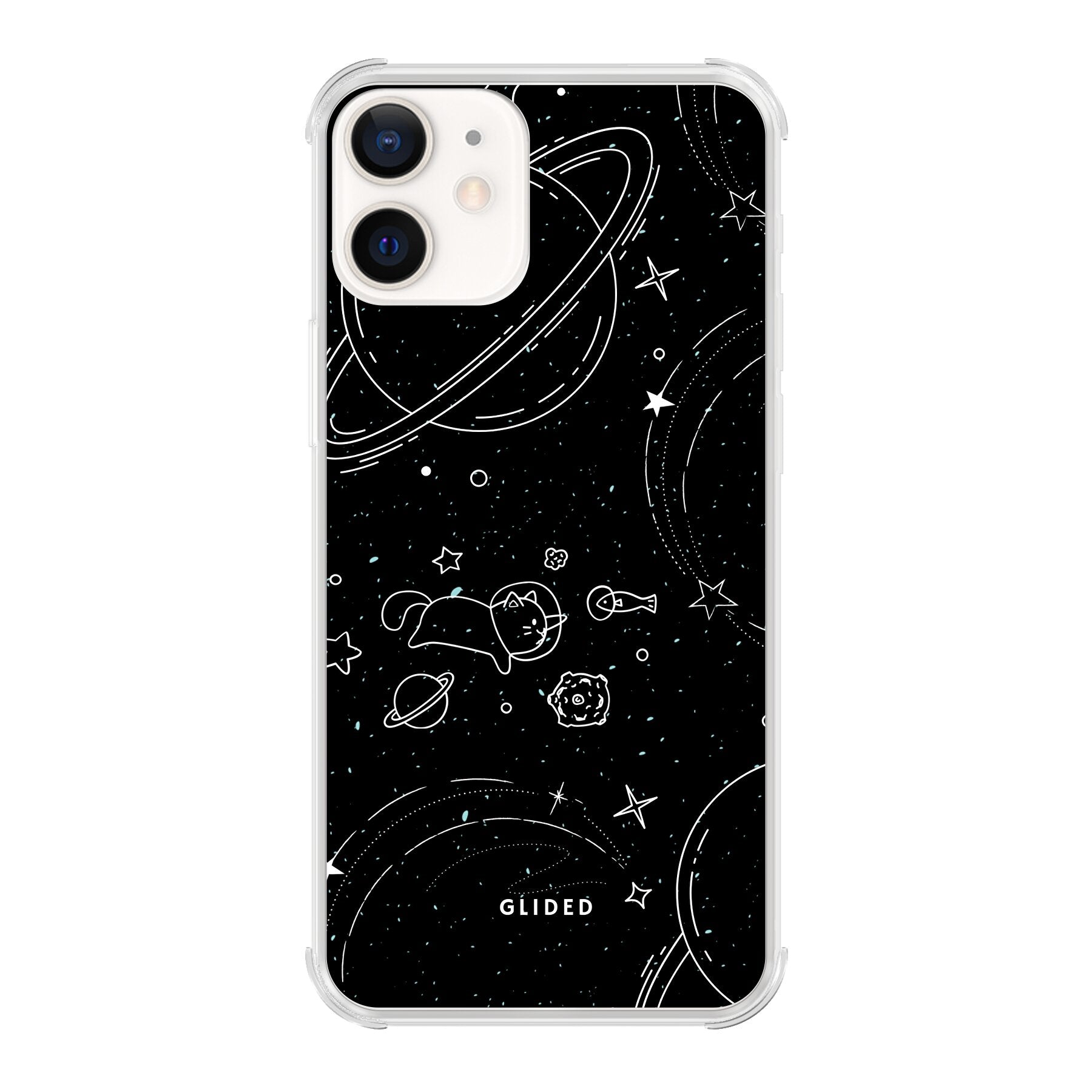 Cosmic Cat iPhone 12 Handyhülle mit funkelnden Sternen und majestätischer Katze auf dunklem Hintergrund.