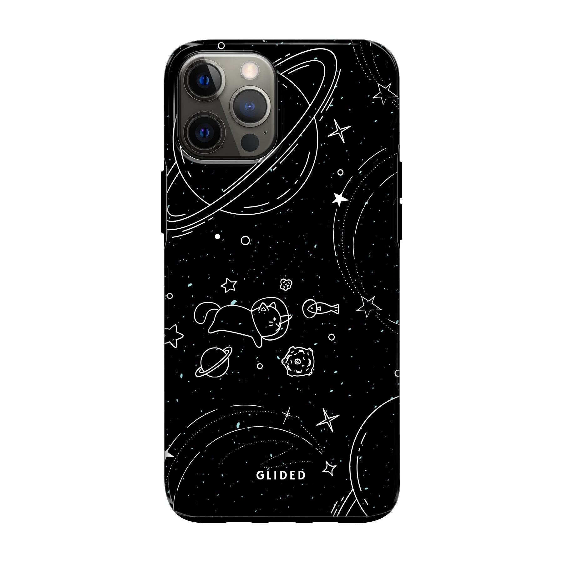 Cosmic Cat iPhone 12 Handyhülle mit funkelnden Sternen und majestätischer Katze auf dunklem Hintergrund.