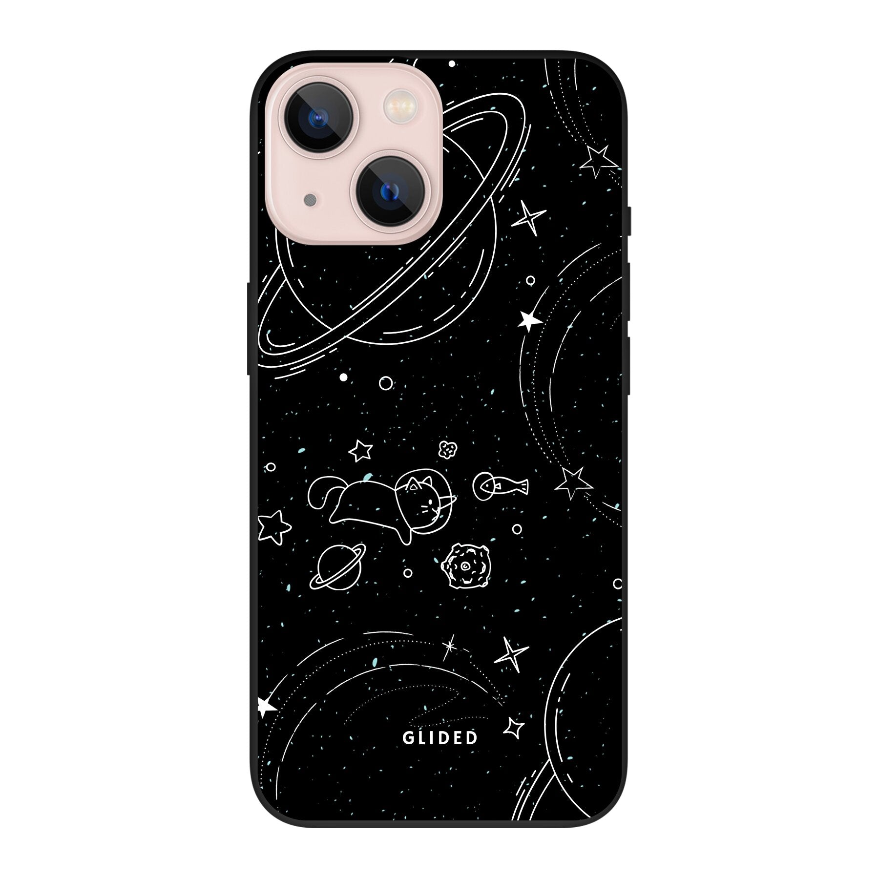 Cosmic Cat iPhone 13 mini Handyhülle mit funkelnden Sternen und majestätischer Katze auf dunklem Hintergrund.