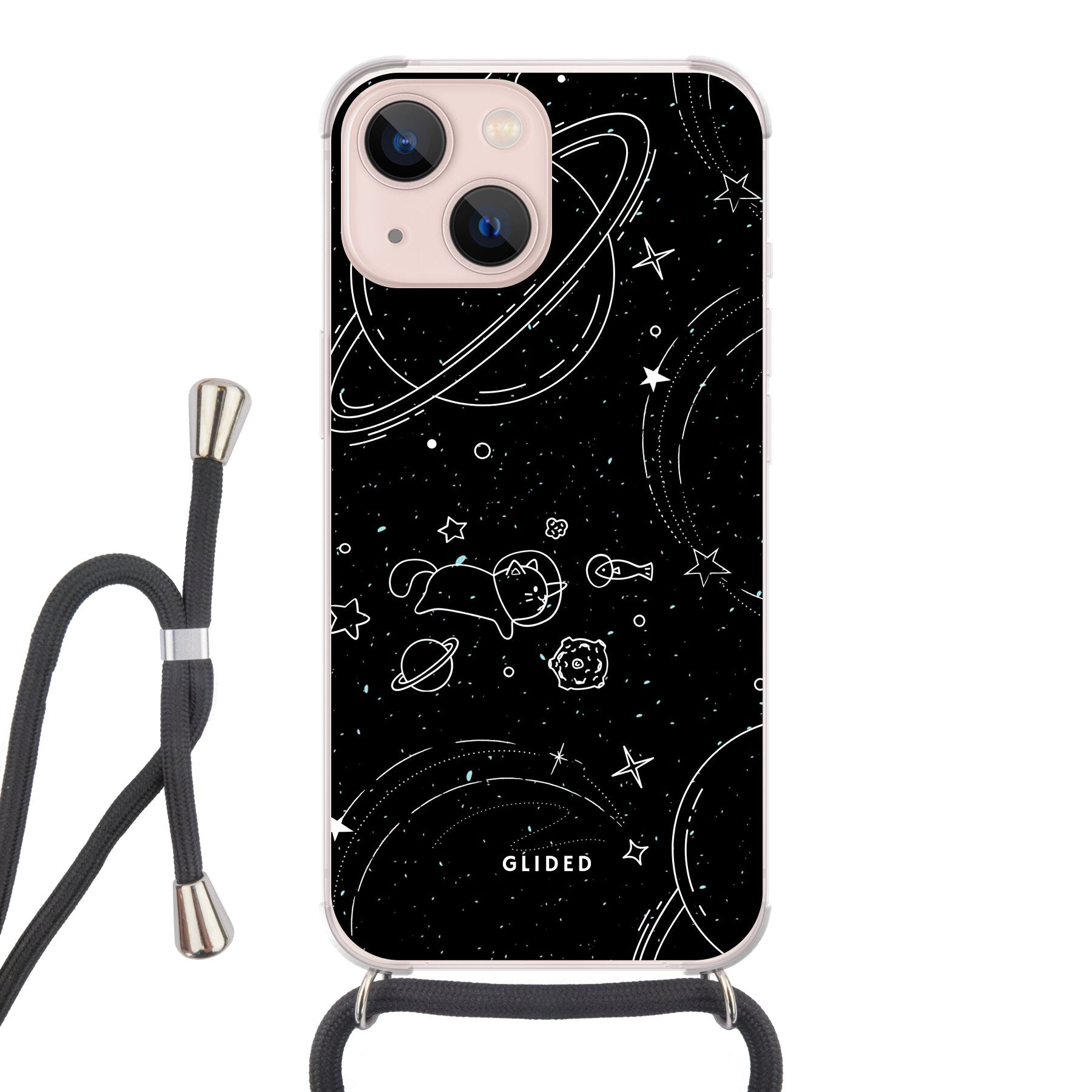 Cosmic Cat iPhone 13 mini Handyhülle mit funkelnden Sternen und majestätischer Katze auf dunklem Hintergrund.