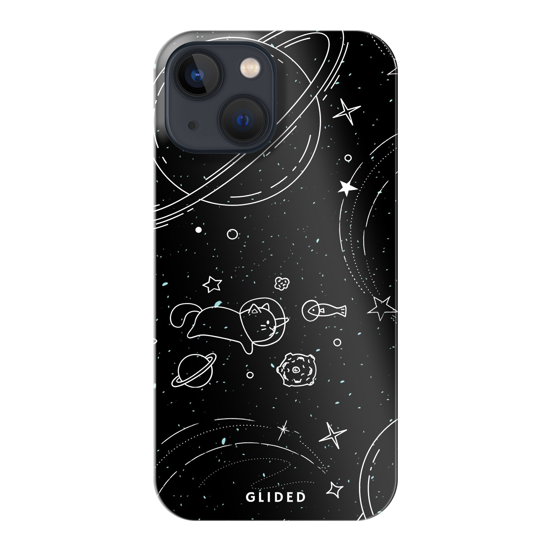 Cosmic Cat iPhone 13 mini Handyhülle mit funkelnden Sternen und majestätischer Katze auf dunklem Hintergrund.